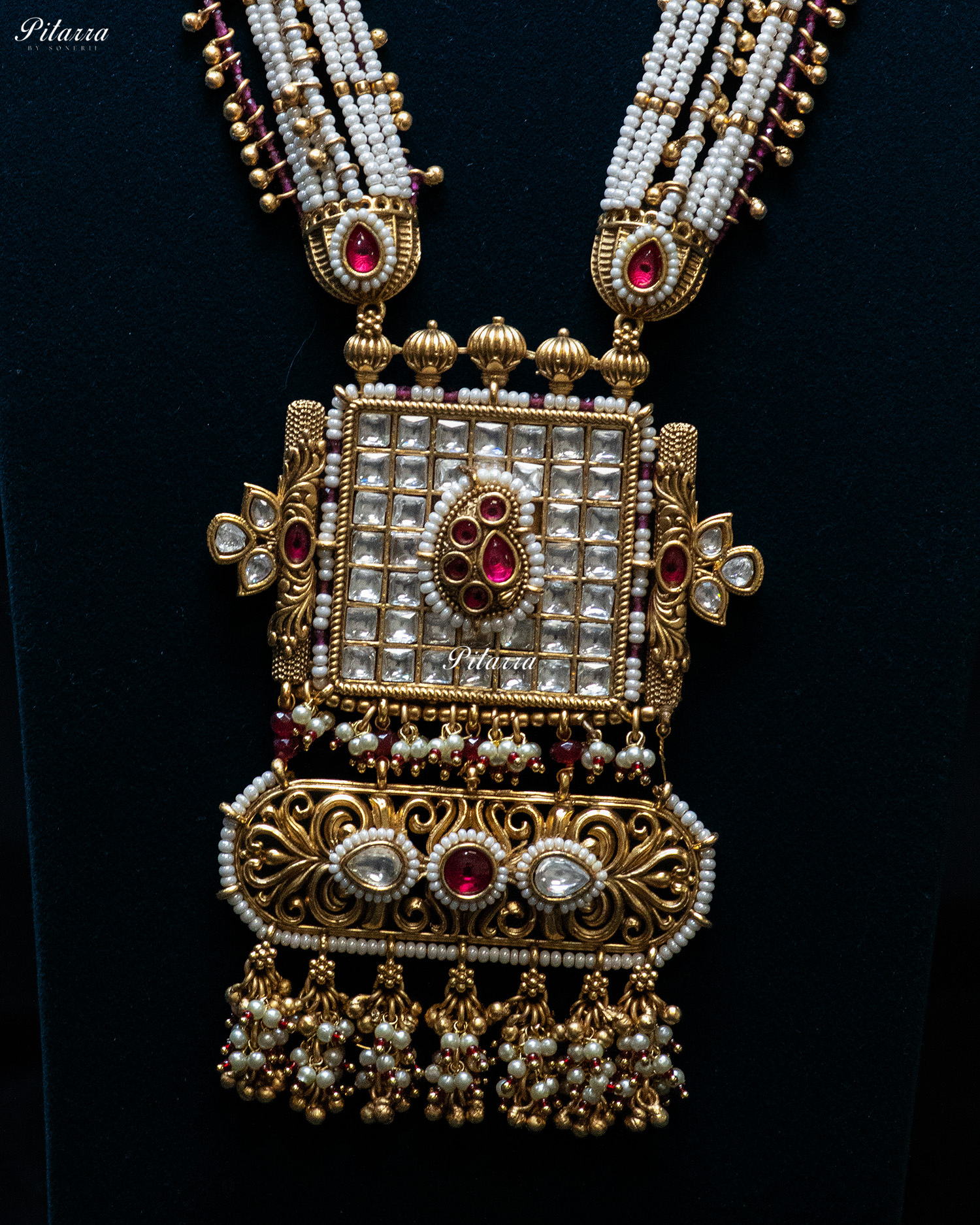 Golden Pink Stone Multi Strand Long Kundan Necklace Set