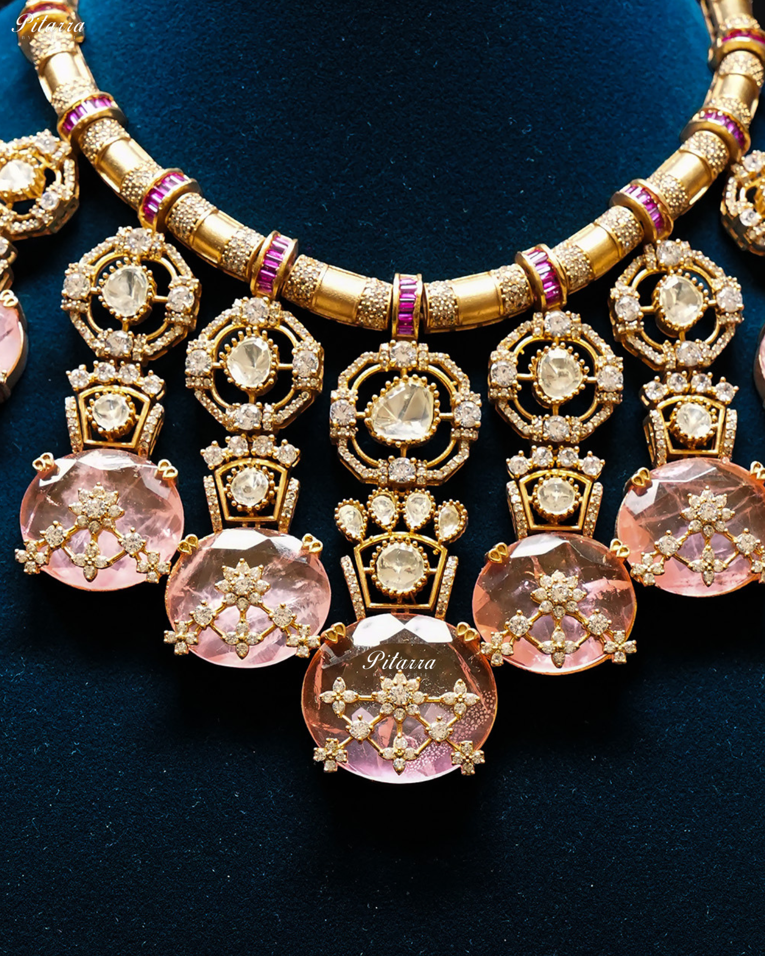 Peach Big Stone Victorian Polki Kundan Necklace Set