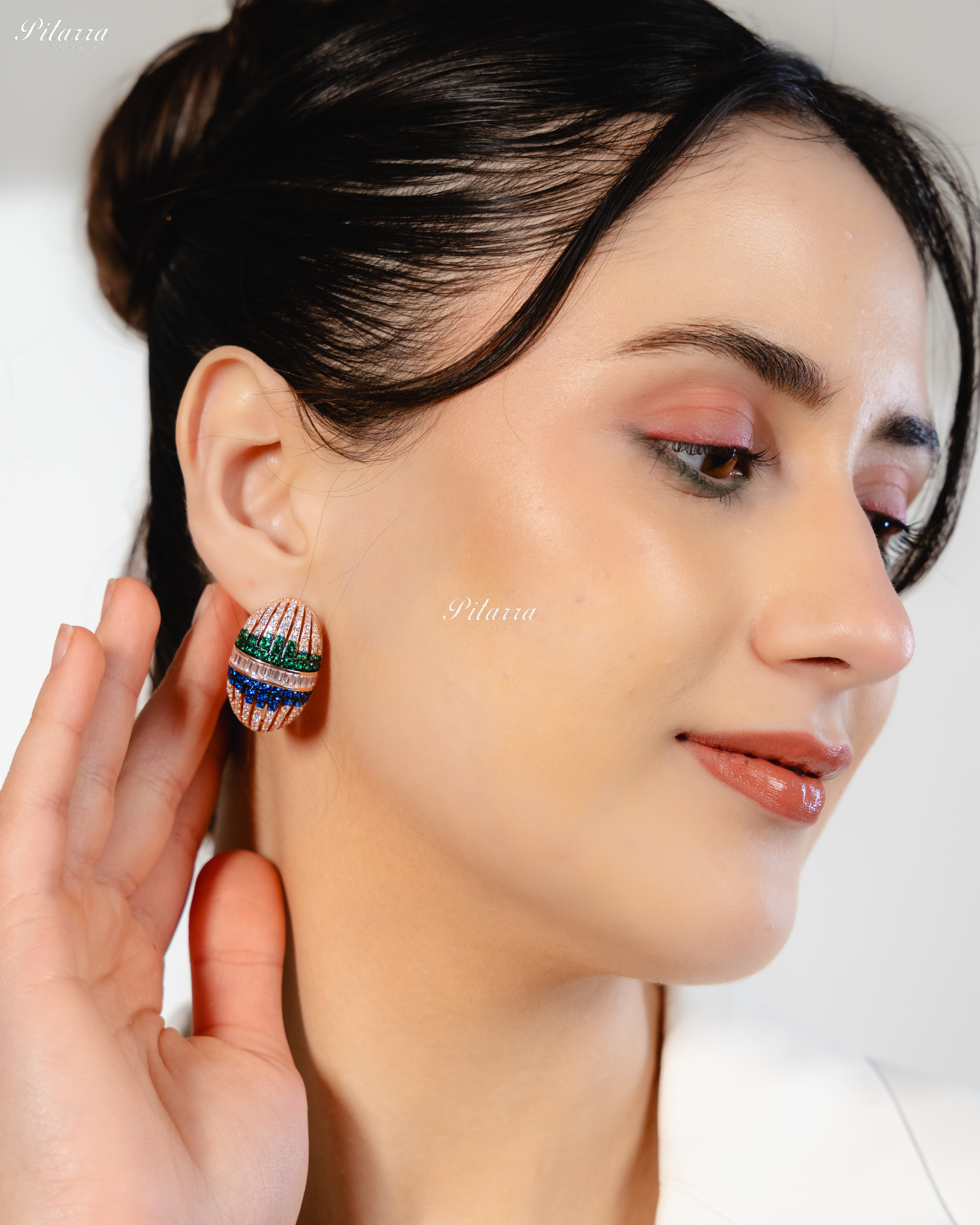 Oval Shaped Golden Pattern 92.5 Silver Stud Earrings