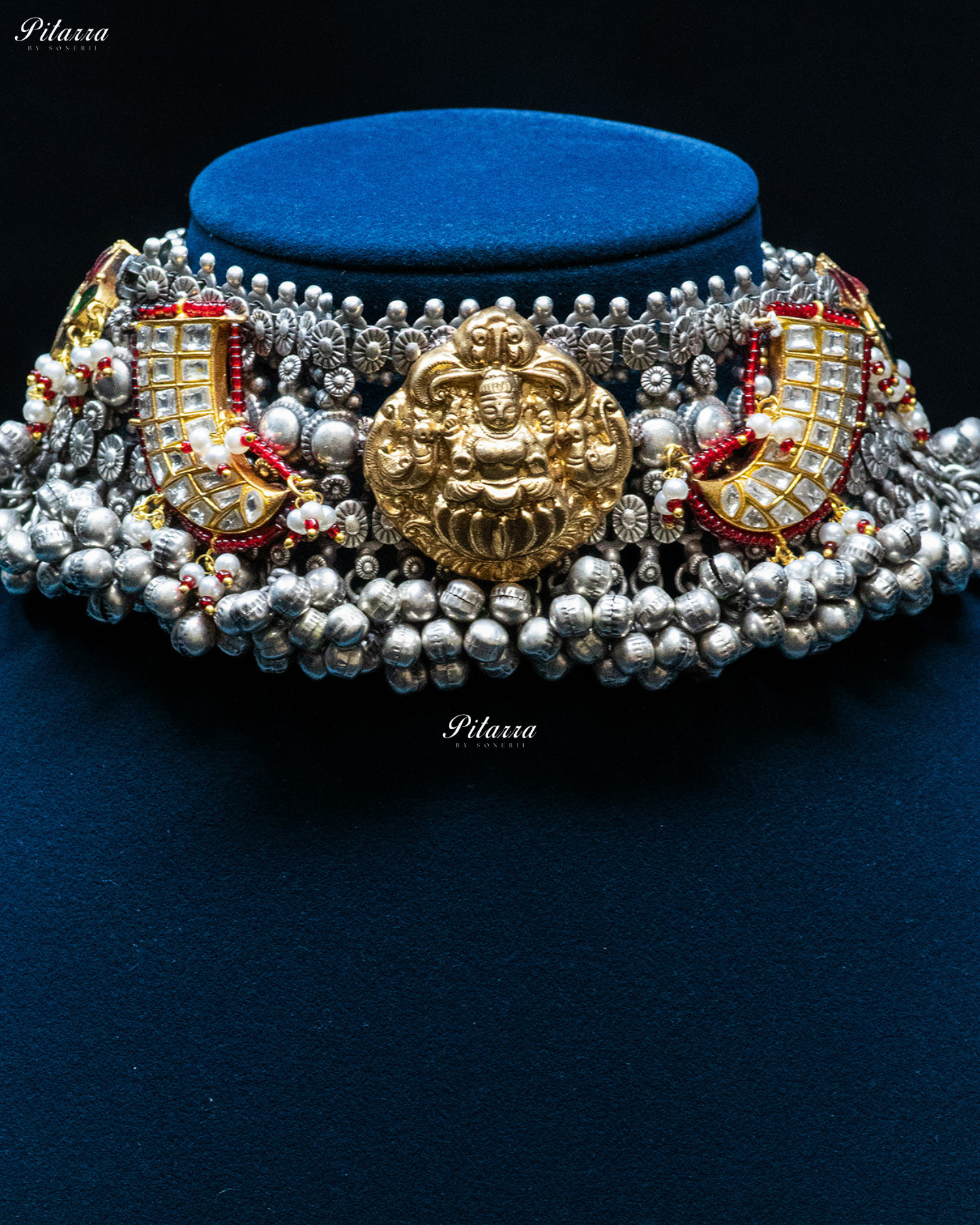 Golden Laxmi White Sword Ghunghroo Silver Look Alike Choker Set