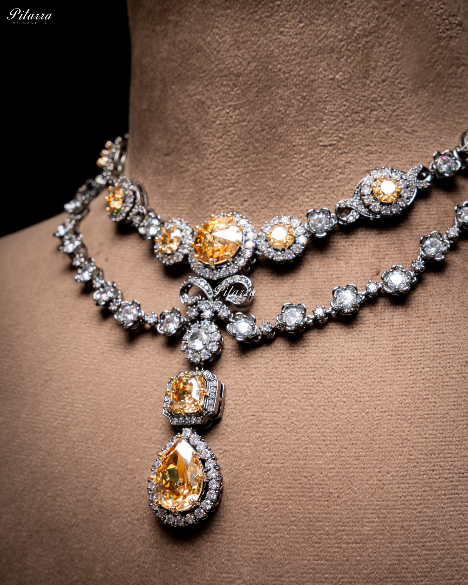 Yellow Two Layer Silver CZ Victorian Black polish Necklace Set