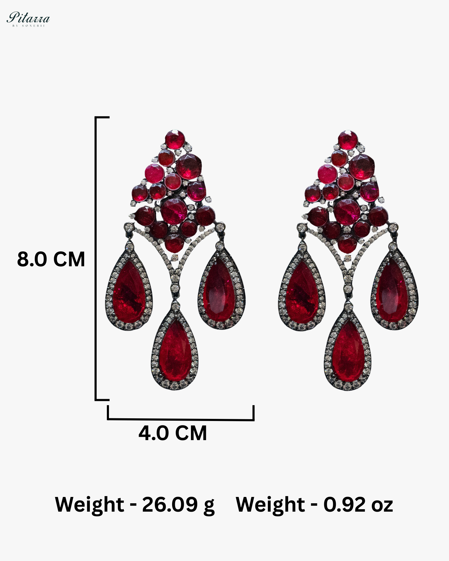 Red Stone Three Teardrop Golden Finish CZ Crystal Dangler Earrings