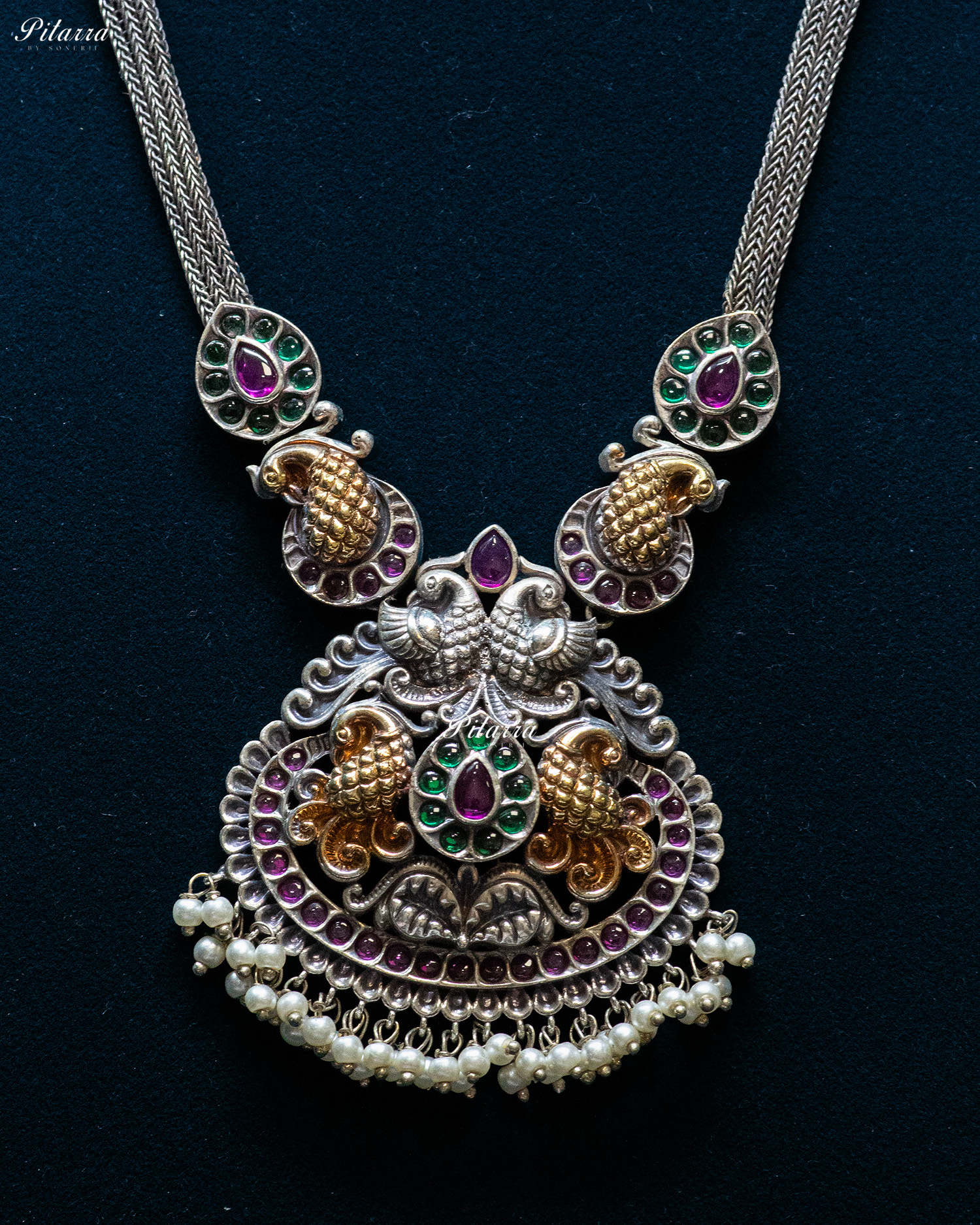 Peacock Carved Pink Stone Pink Layer Stone Silver Look Alike Pendant Set