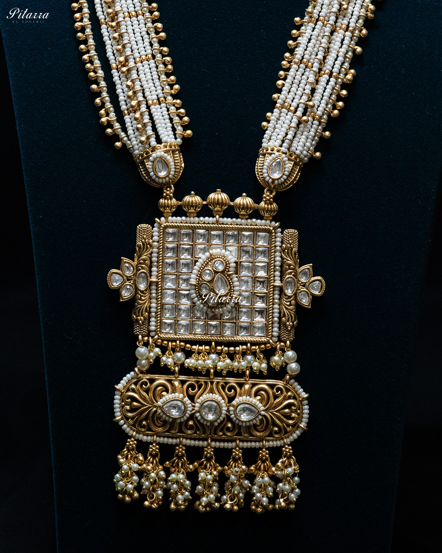 Golden White Stone Multi Strand Long Kundan Necklace Set