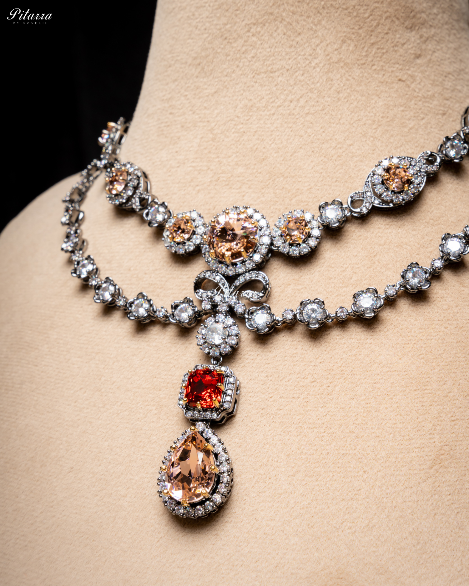 Multicolor Two Layer Silver CZ Victorian black polish Necklace Set