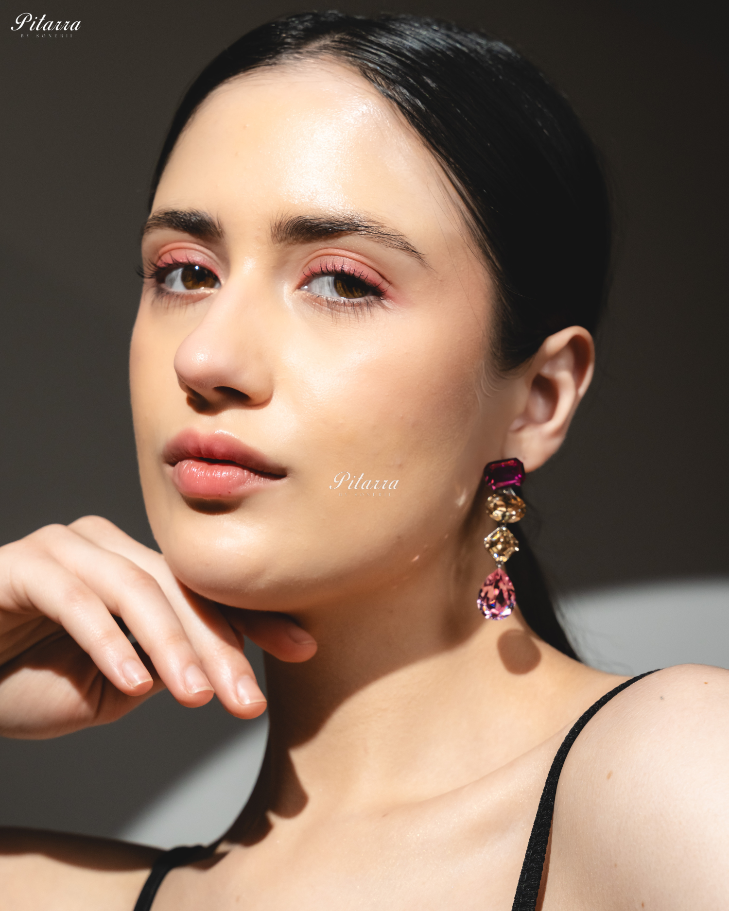 Pink Yellow Stone Studded Geometric Crystal Drop Earrings
