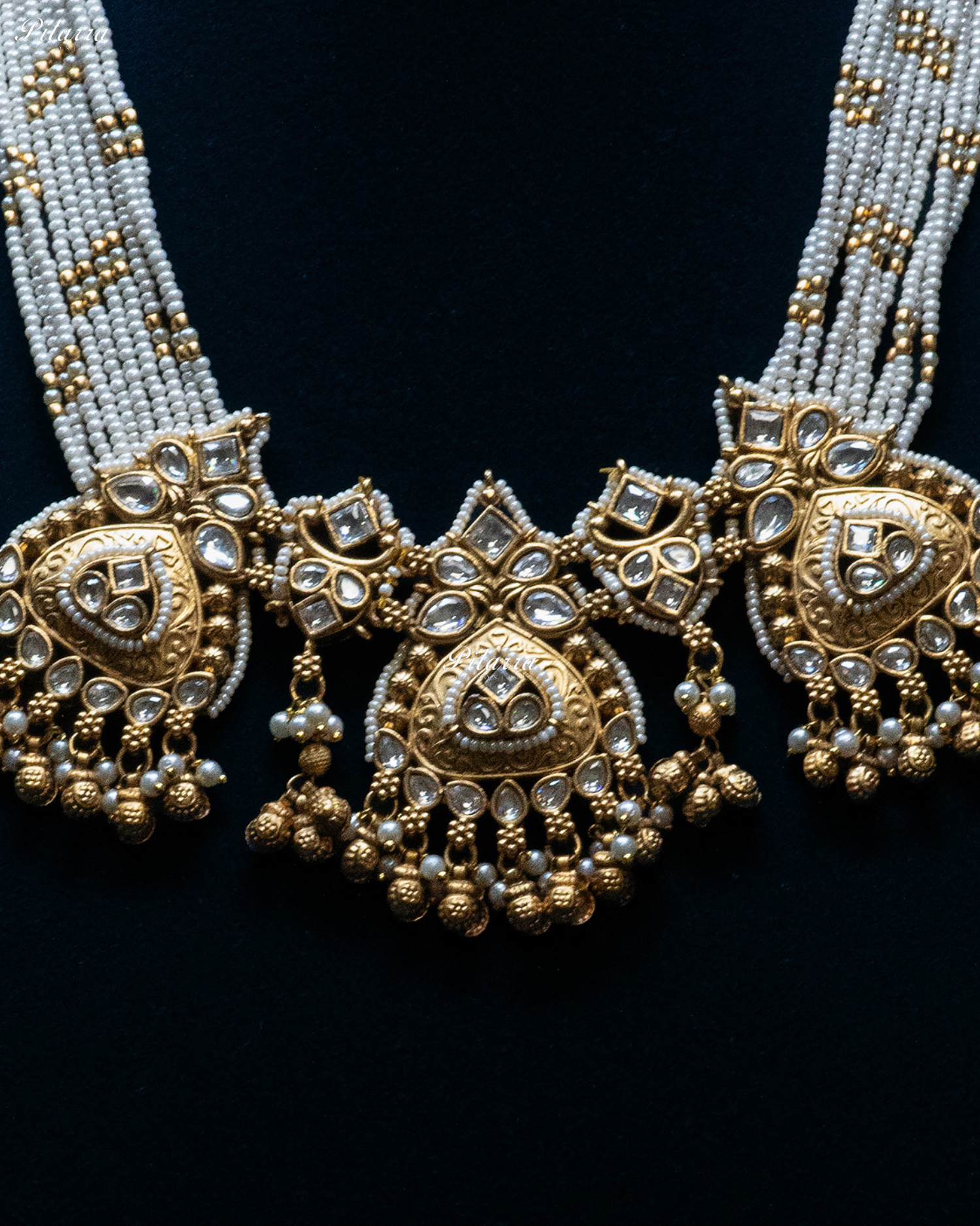 White Stone Gold Finish White Pearl Kundan Necklace Set