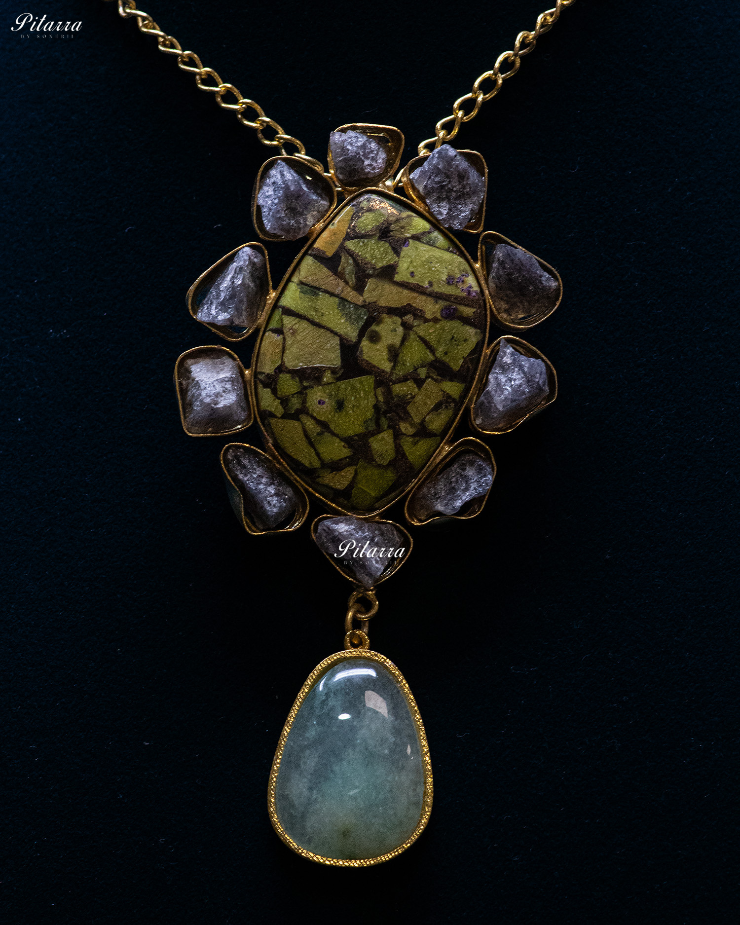 Golden Center Stone Purple Raw Stones Pendant Necklace