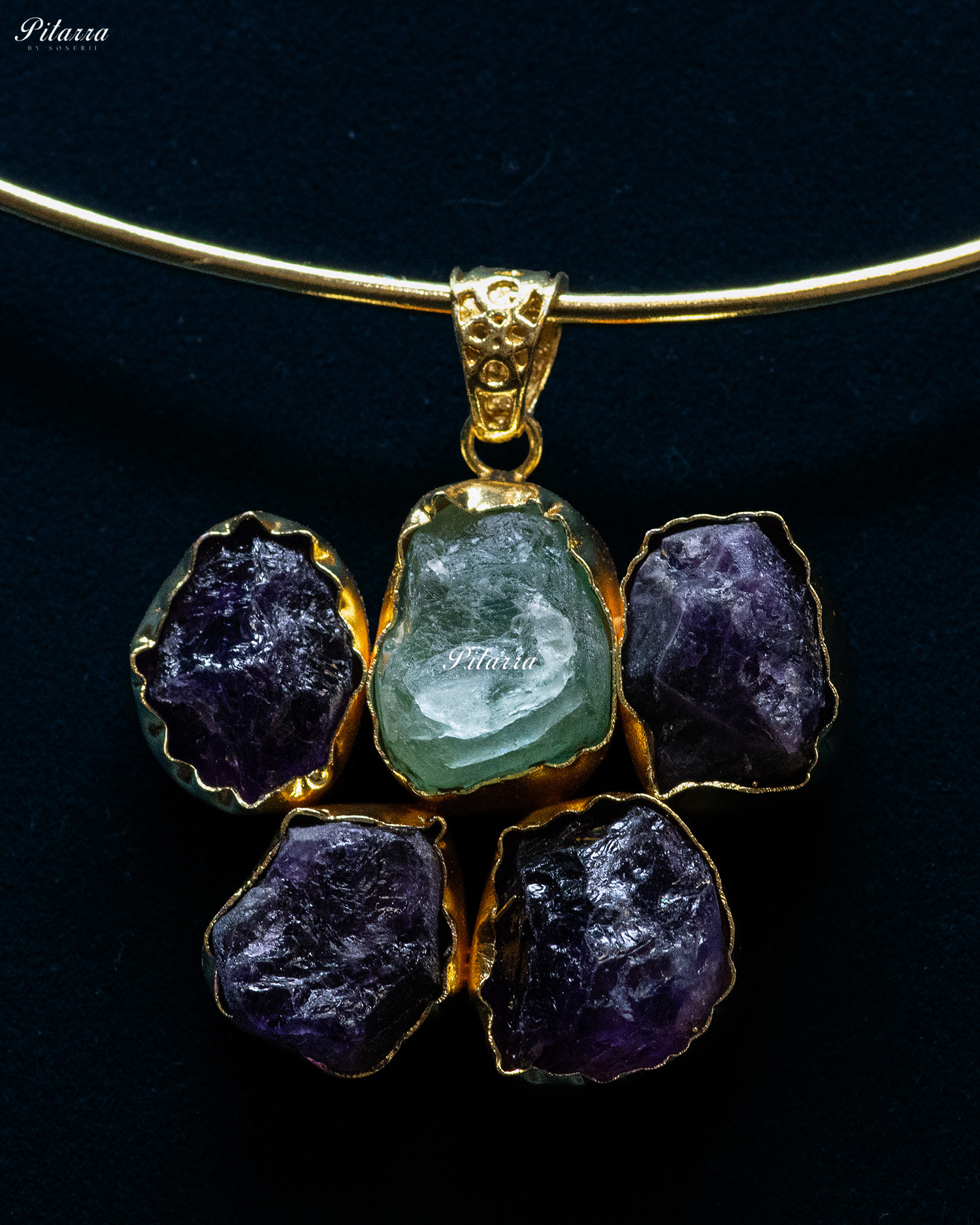 Gold Plated Aqua Raw Stone Collar Pendant Set