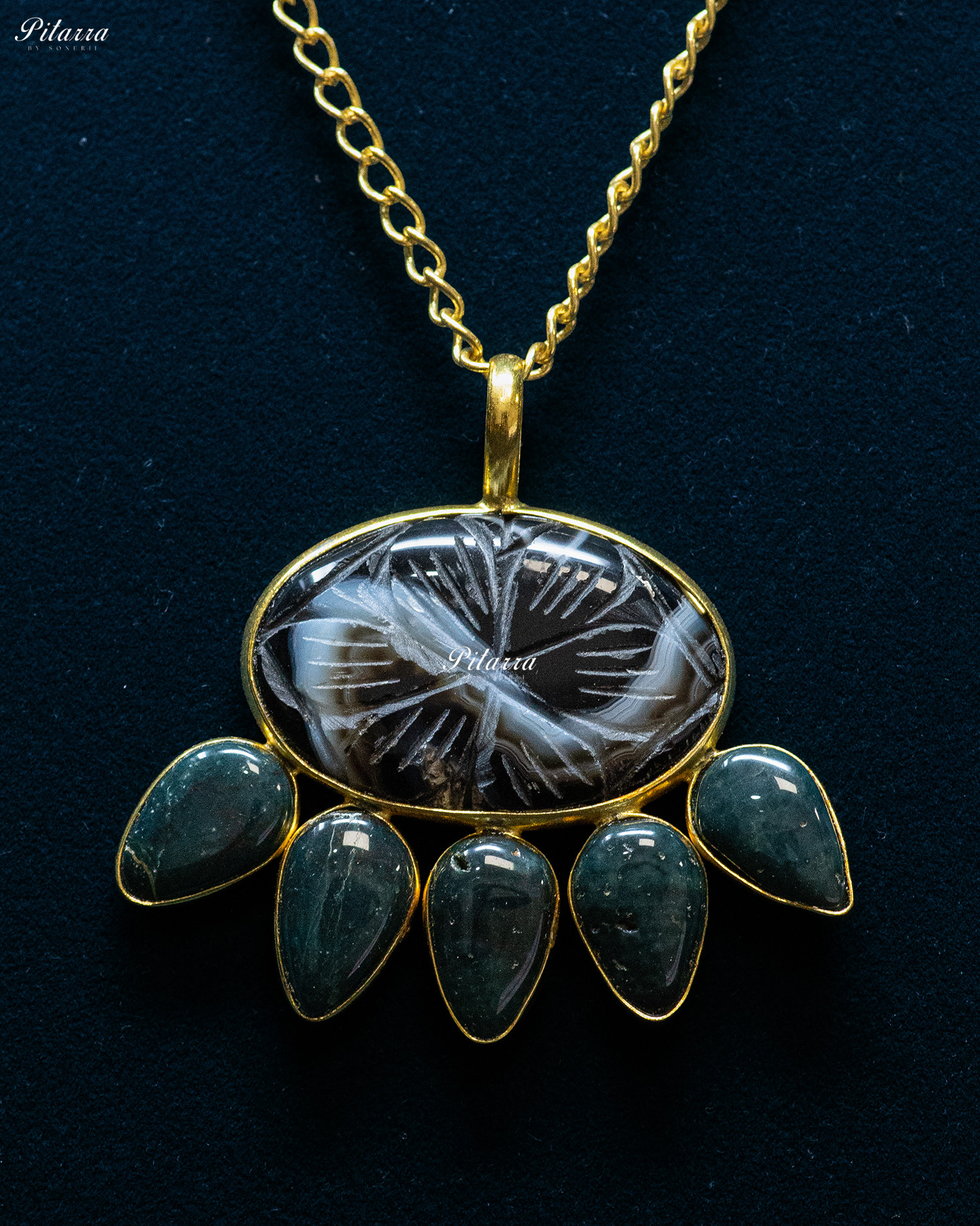 Flower Carved Grey Raw Stone Green Drop Pendant