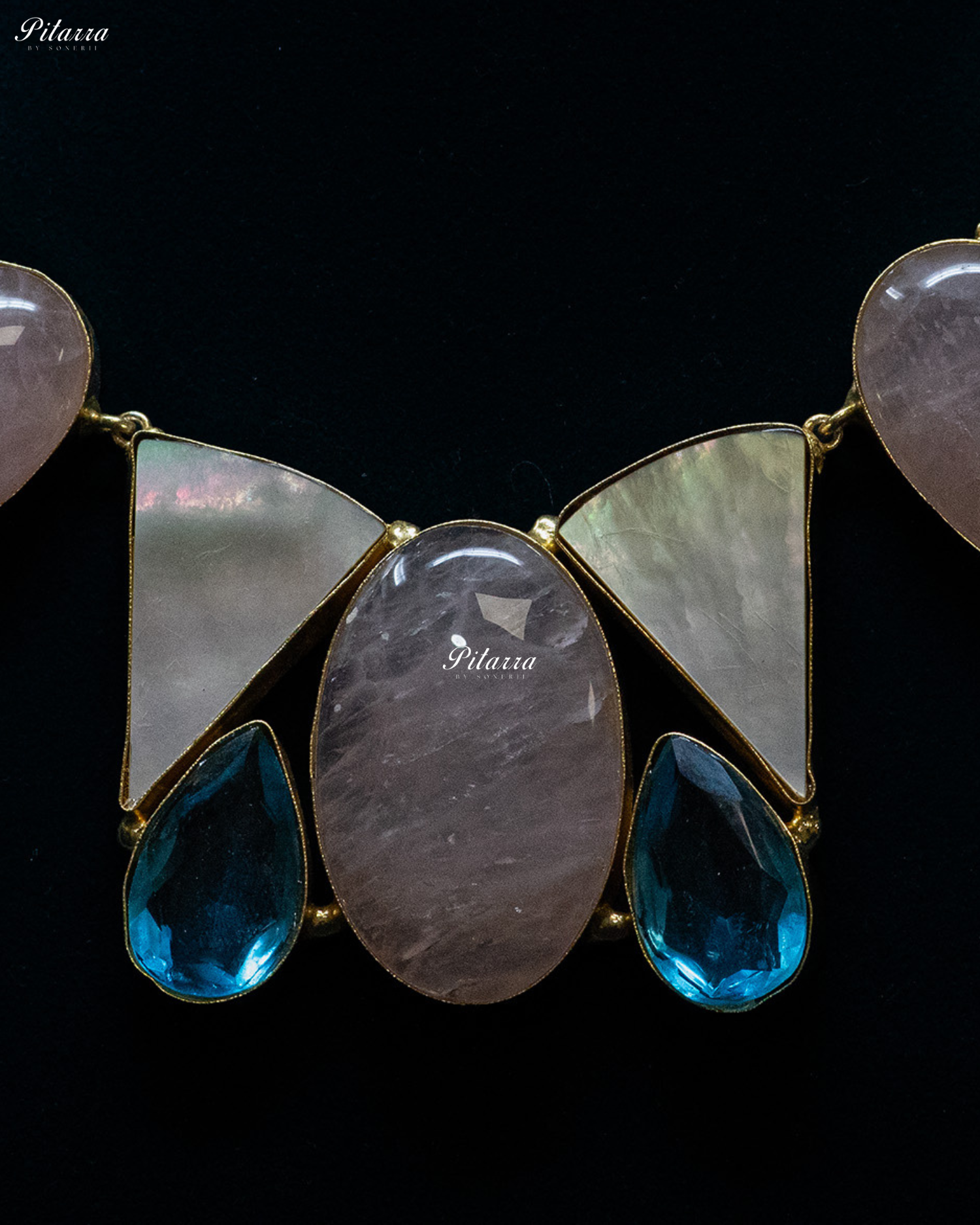 Peach and Blue Drop Sculptural Stone Statement Necklace Set