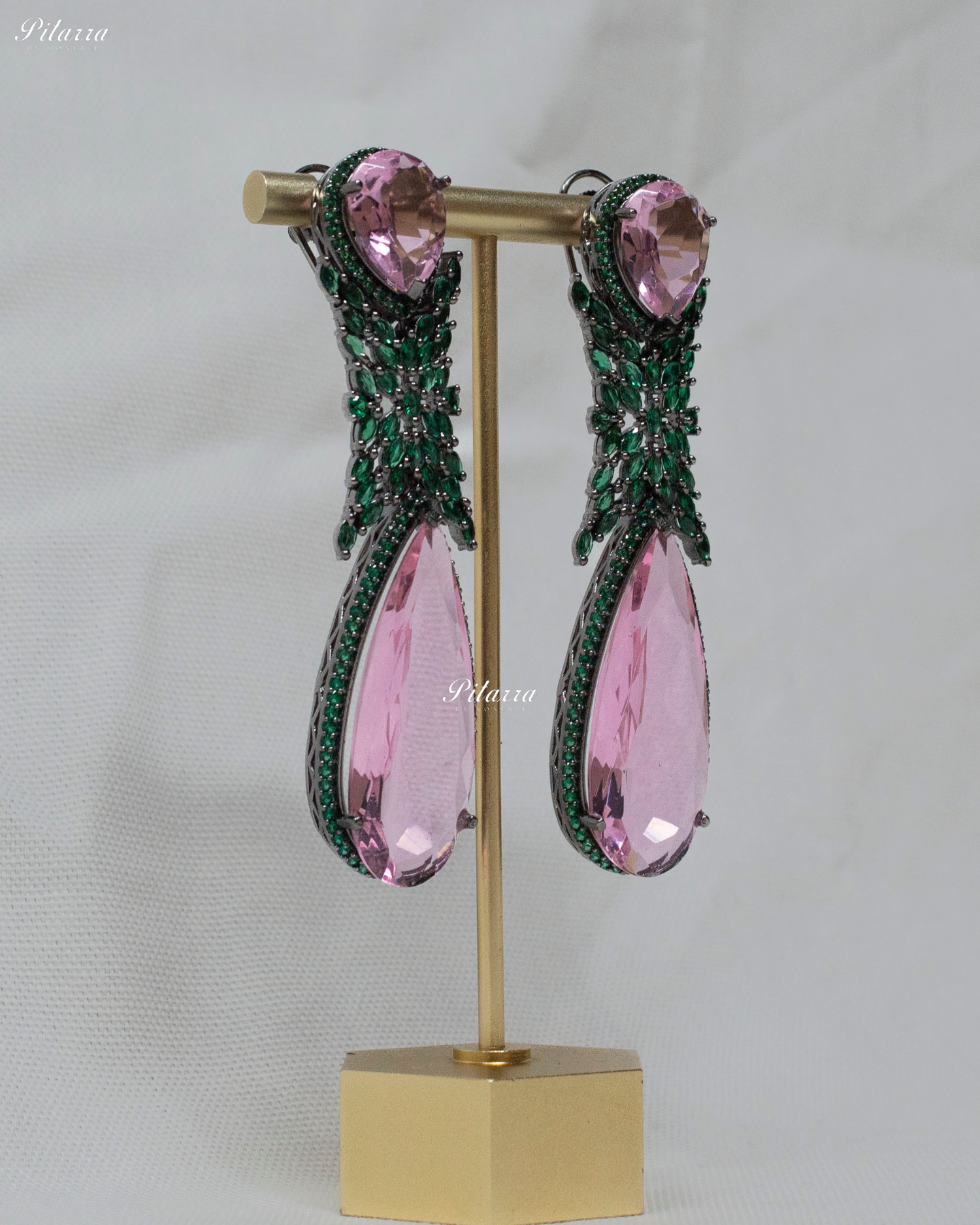 Pink Stone Green Finish Contemporary Drop Earrings