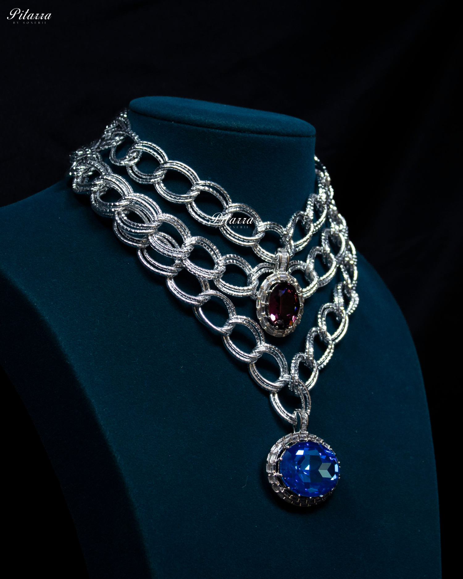 Blue Statement Pendant Silver Chain Crystal Choker Set