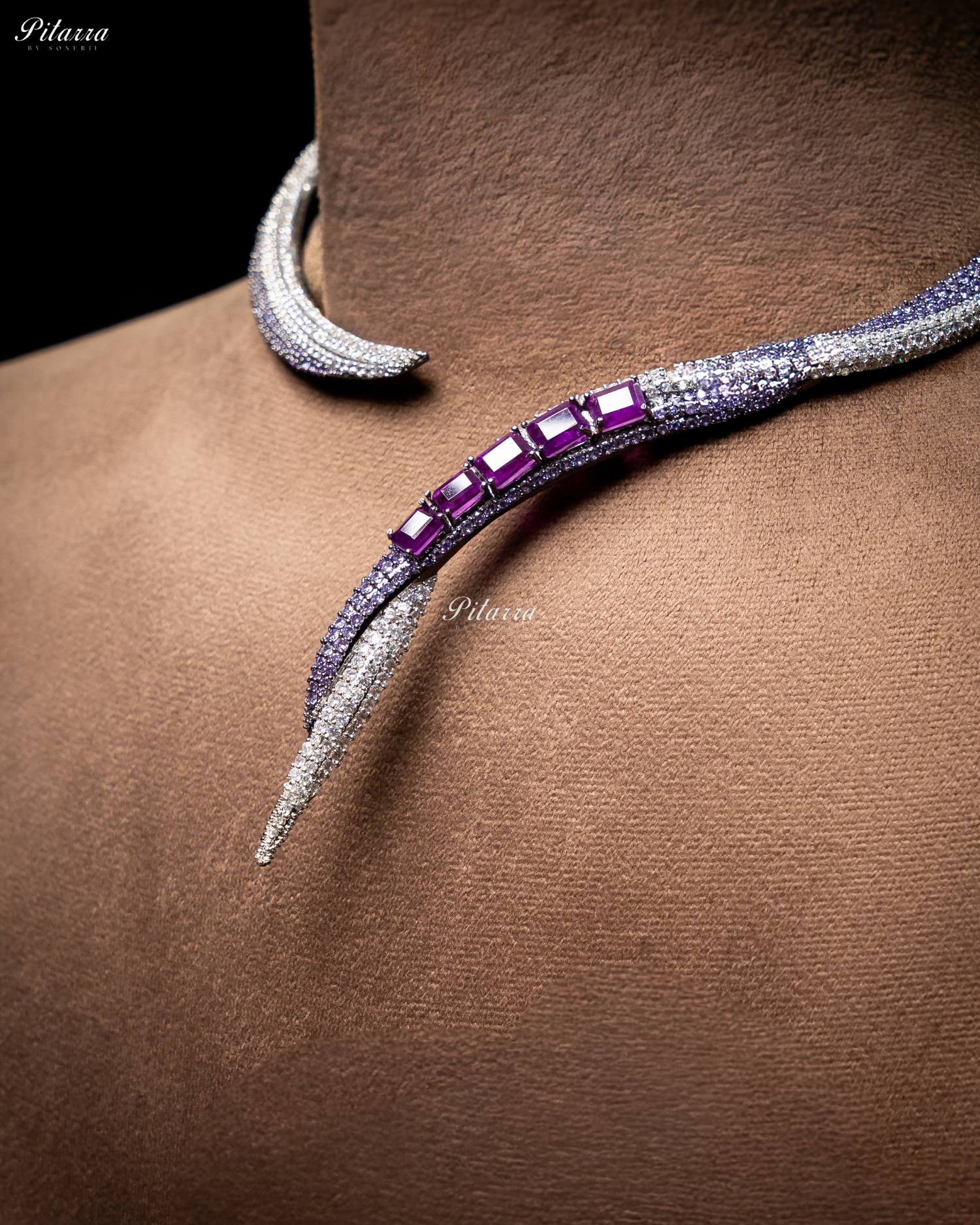Purple Stone Sleek CZ Choker Statement Necklace Set