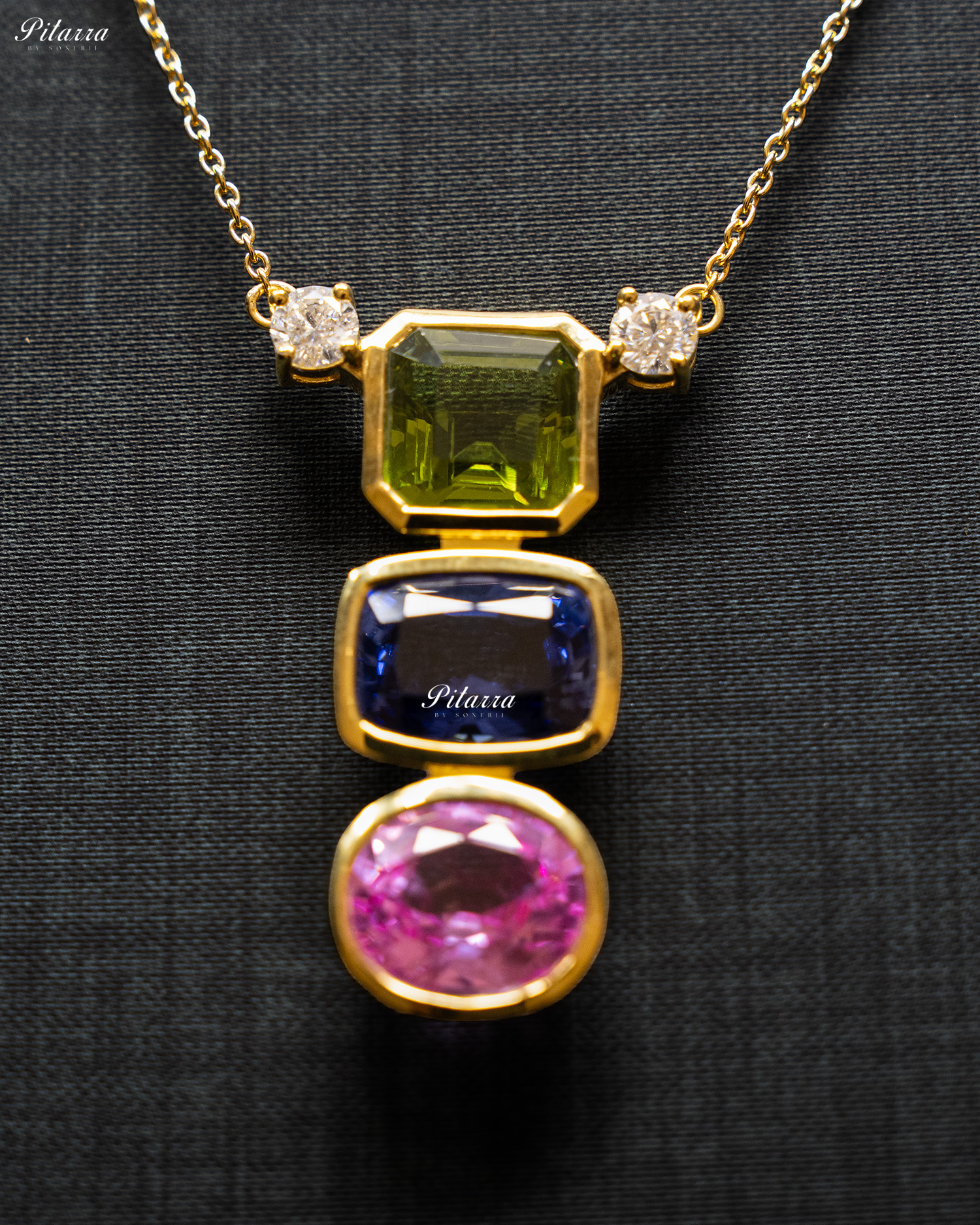 Gold Chain Square Green Top Stone Round Pink Pendent Set