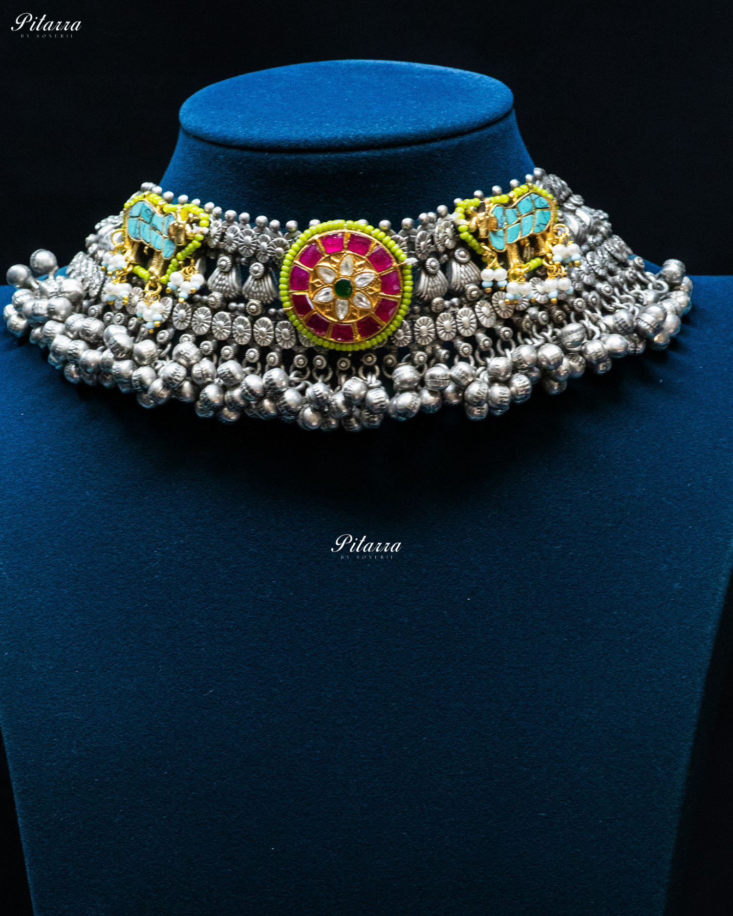 Pink Flora Turquoise Elephant Ghunghroo Silver Look Alike Choker Set