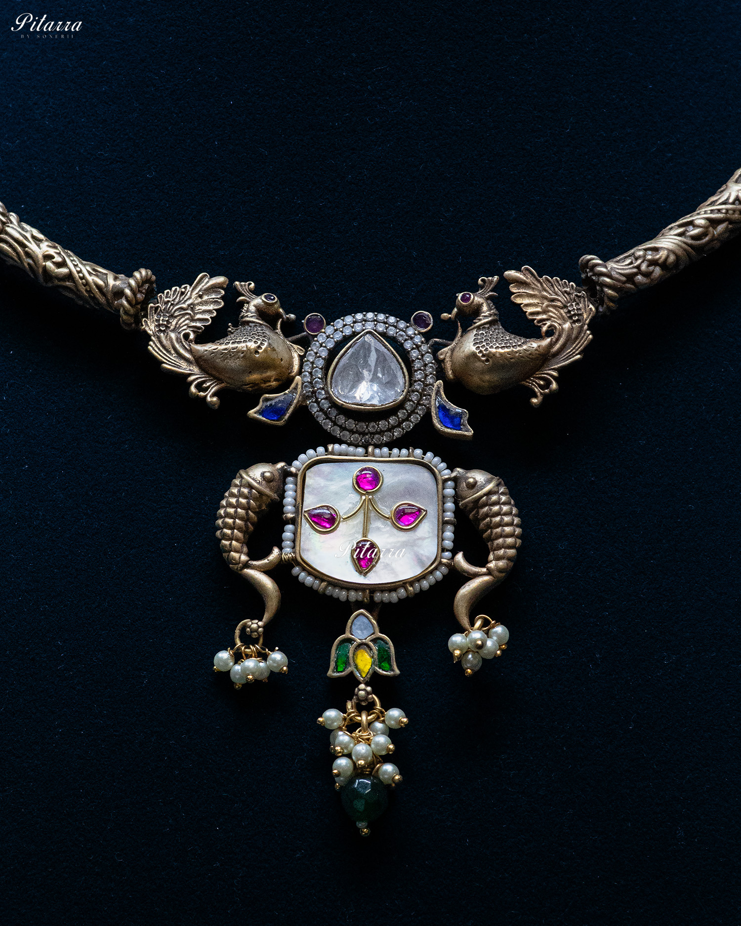 Dual Peacock White Stone Antique Designer Silver Look Alike Pendant Set