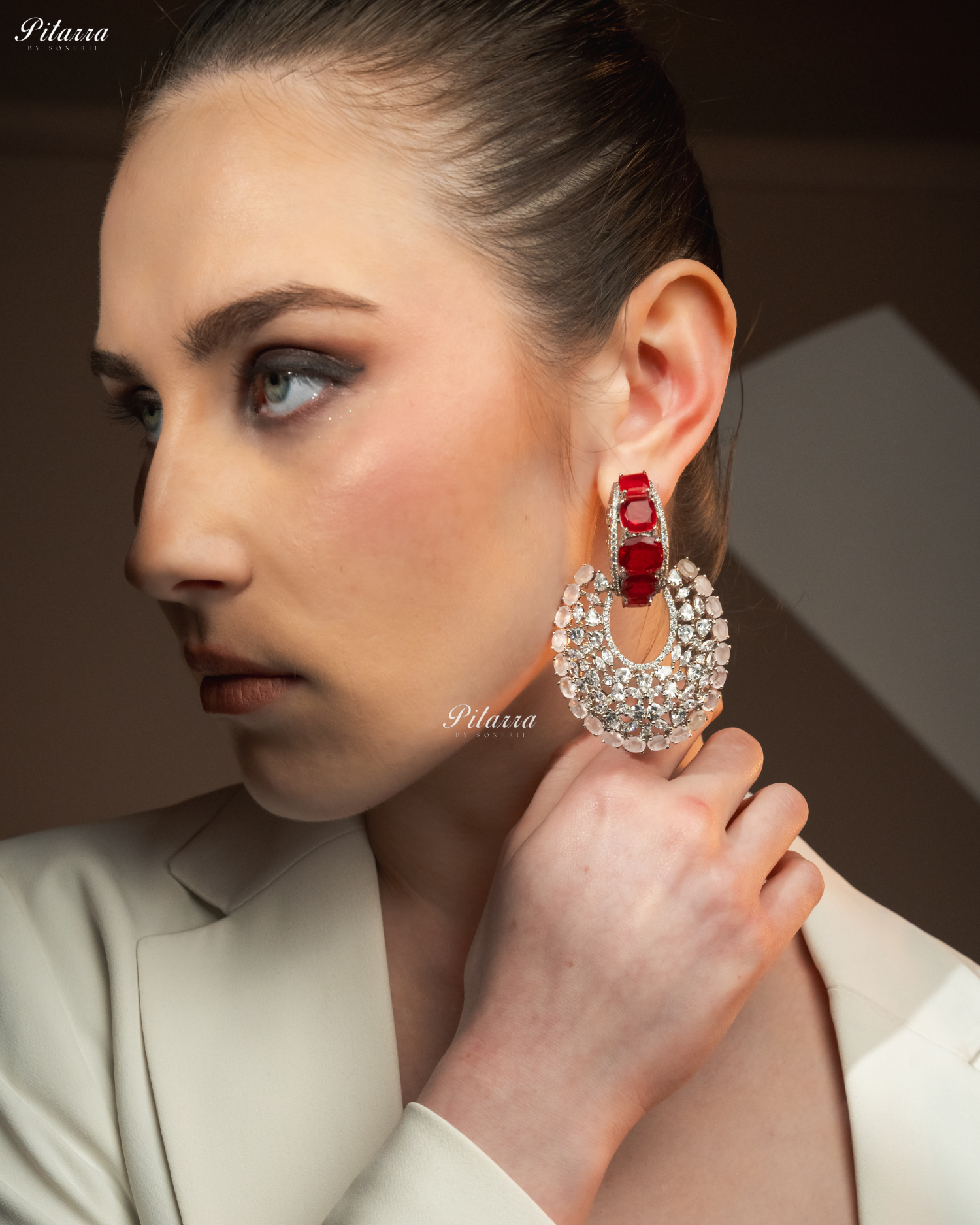 Red Stone White and pink Layer Cubic Zirconia Dangler Earrings