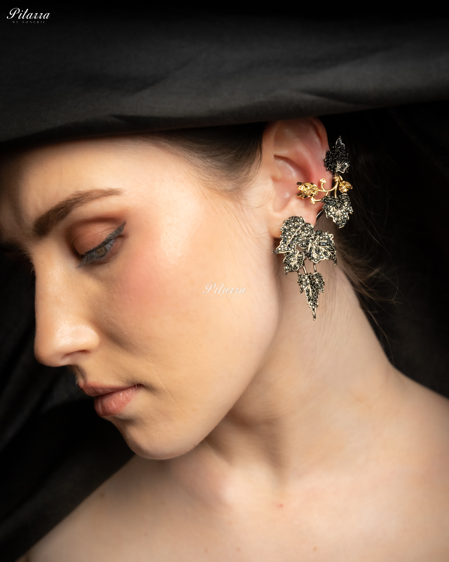 Black Unique Leaf Shaped Crystal Earrings