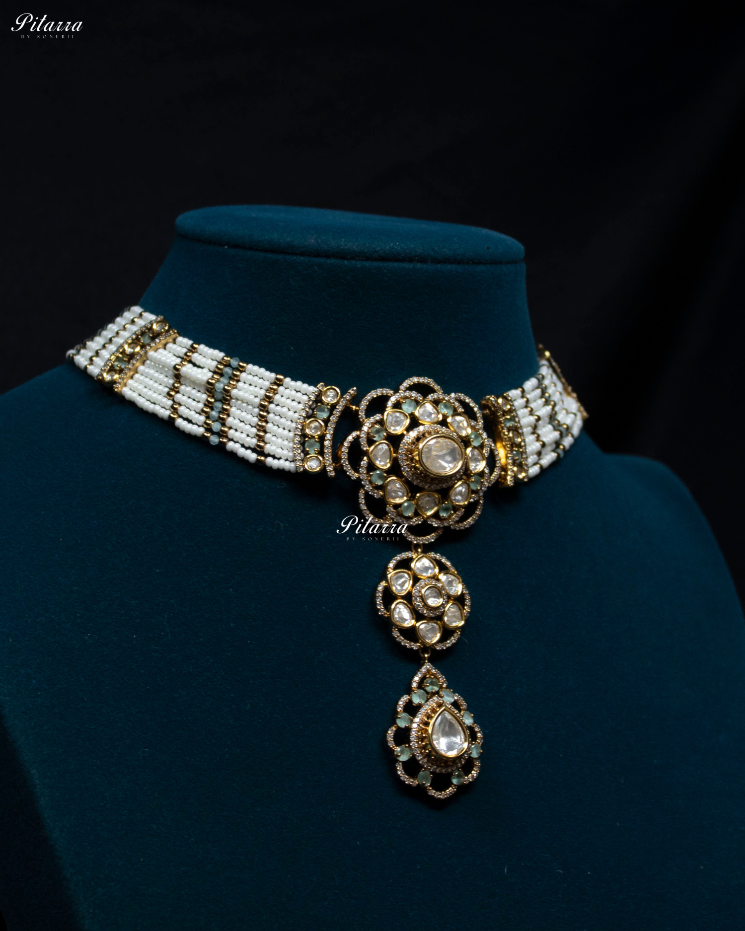 Green Stone Multi Strand Pearl Kundan Choker Set