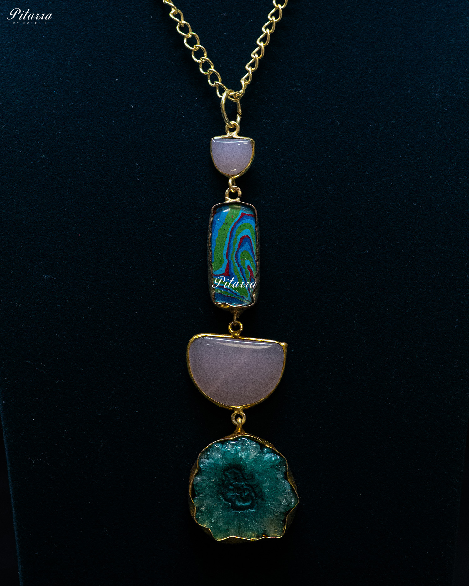 Purple Blue Textured Circle Four Raw Stone Long Pendant