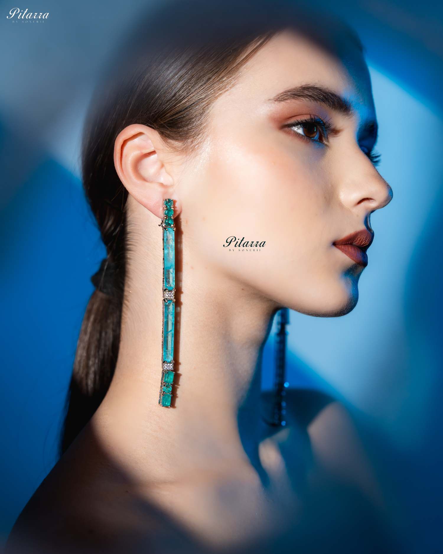 Ocean Blue Stone Linear Long Doublet Drop Earrings