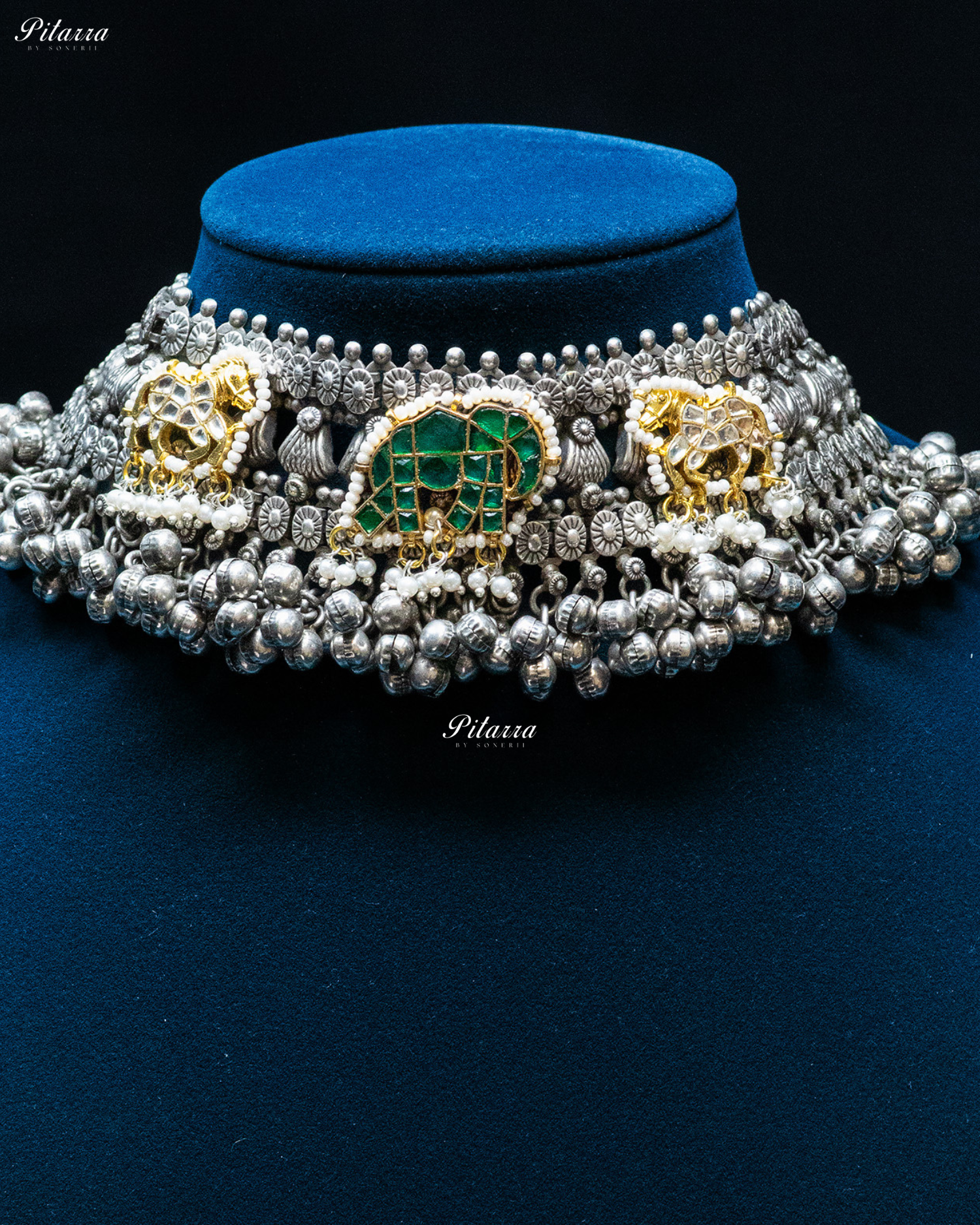 Green Elephant White Horse Ghunghroo Silver Look Alike Choker Set