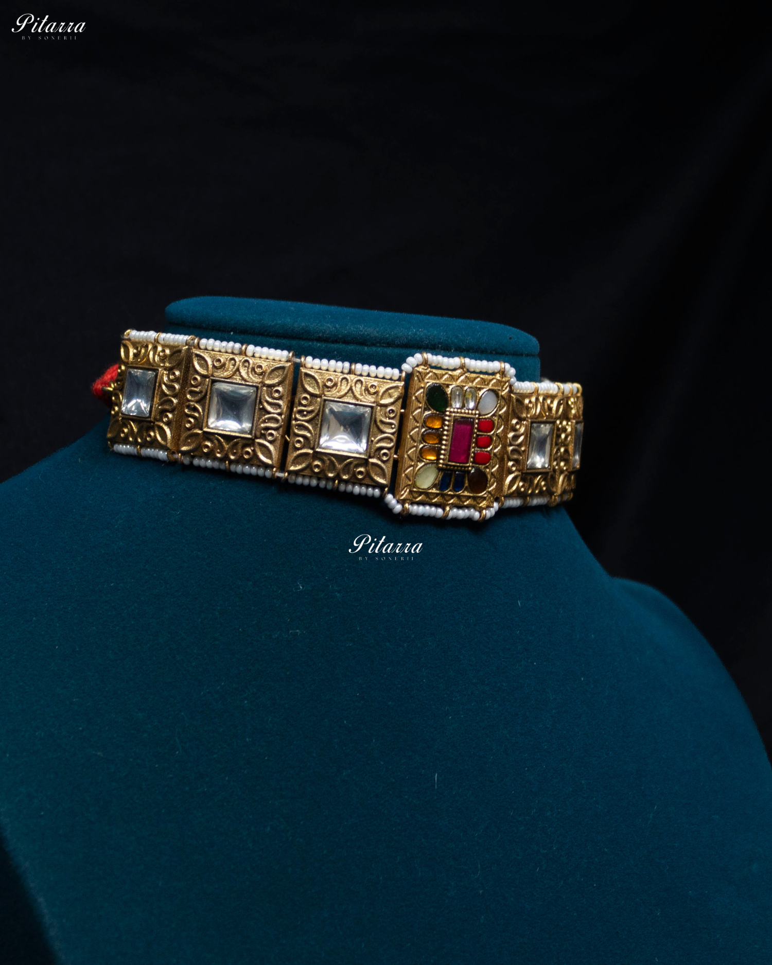 Square Multi Stone Golden Tone Kundan Choker Set