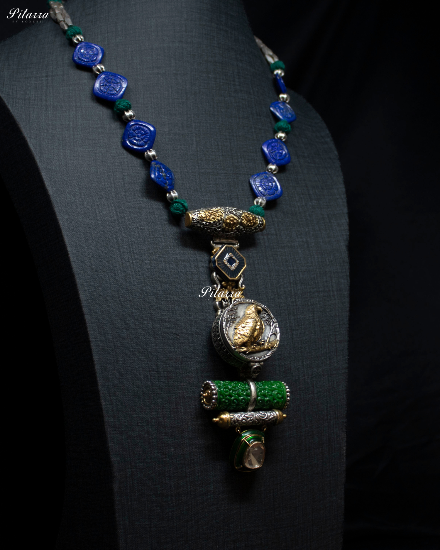 Bird Motif Blue Beaded 92.5 Silver Necklace