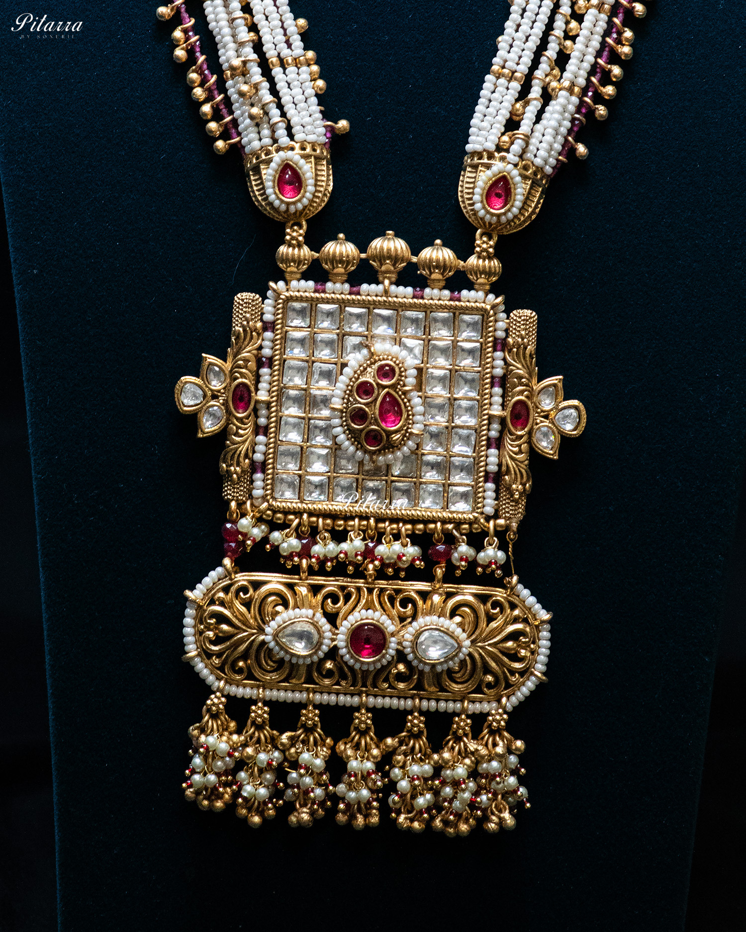 Golden Pink Stone Multi Strand Long Kundan Necklace Set