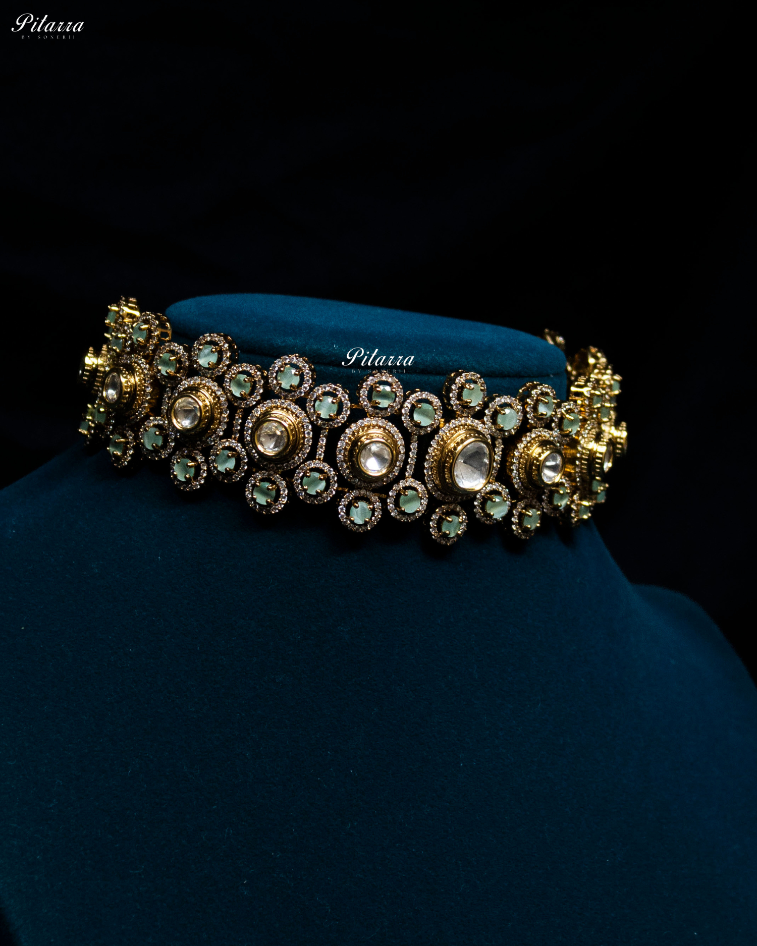 Mint Stone Gold Finish Moissanite Kundan Choker Set