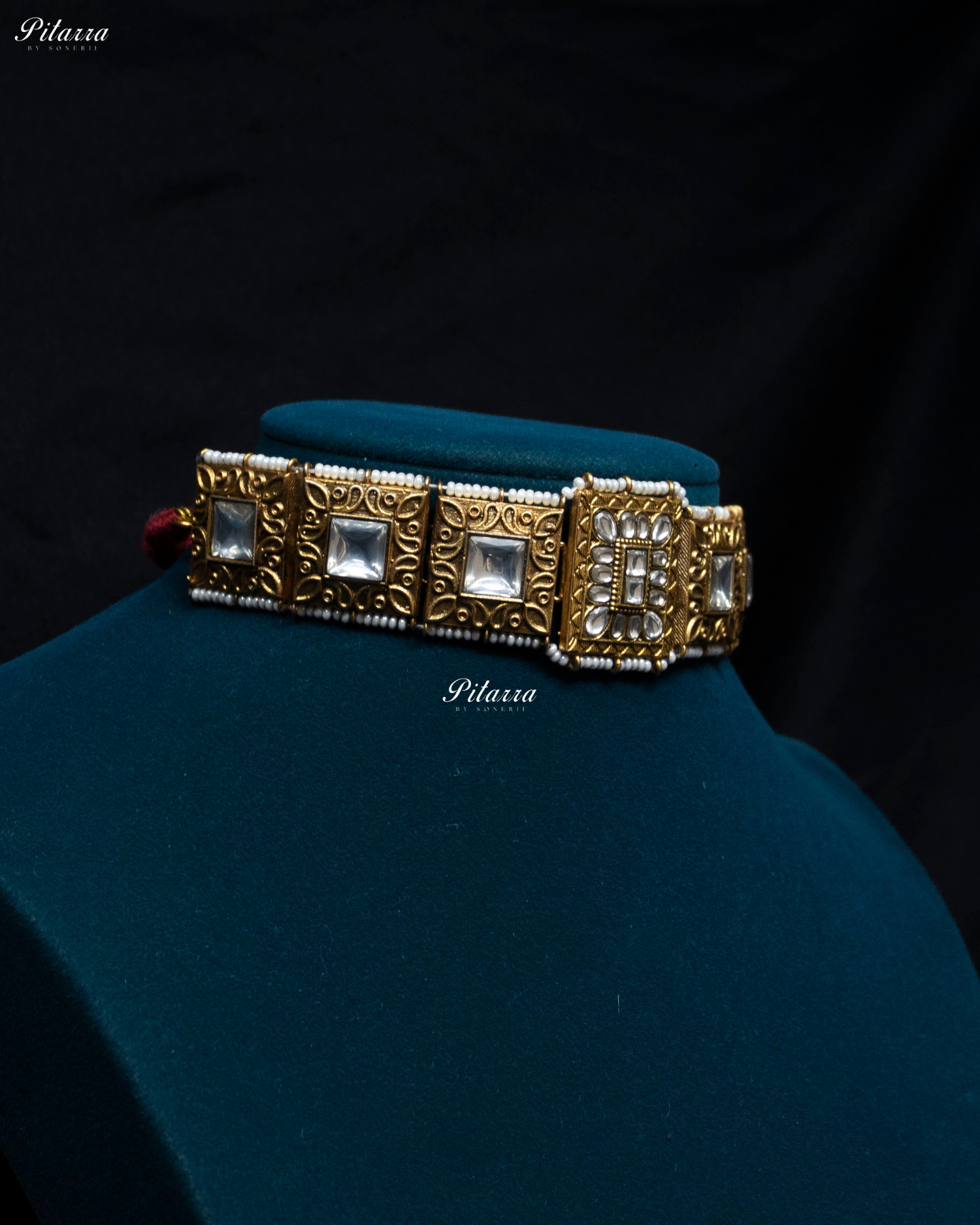 Square Clear Crystal Stone Golden Tone Kundan Choker Set