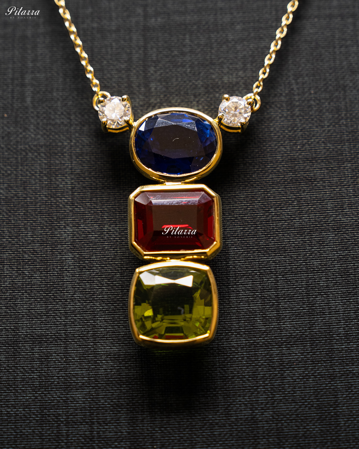 Gold Chain Round Blue Top Stone Square Green Pendent Set