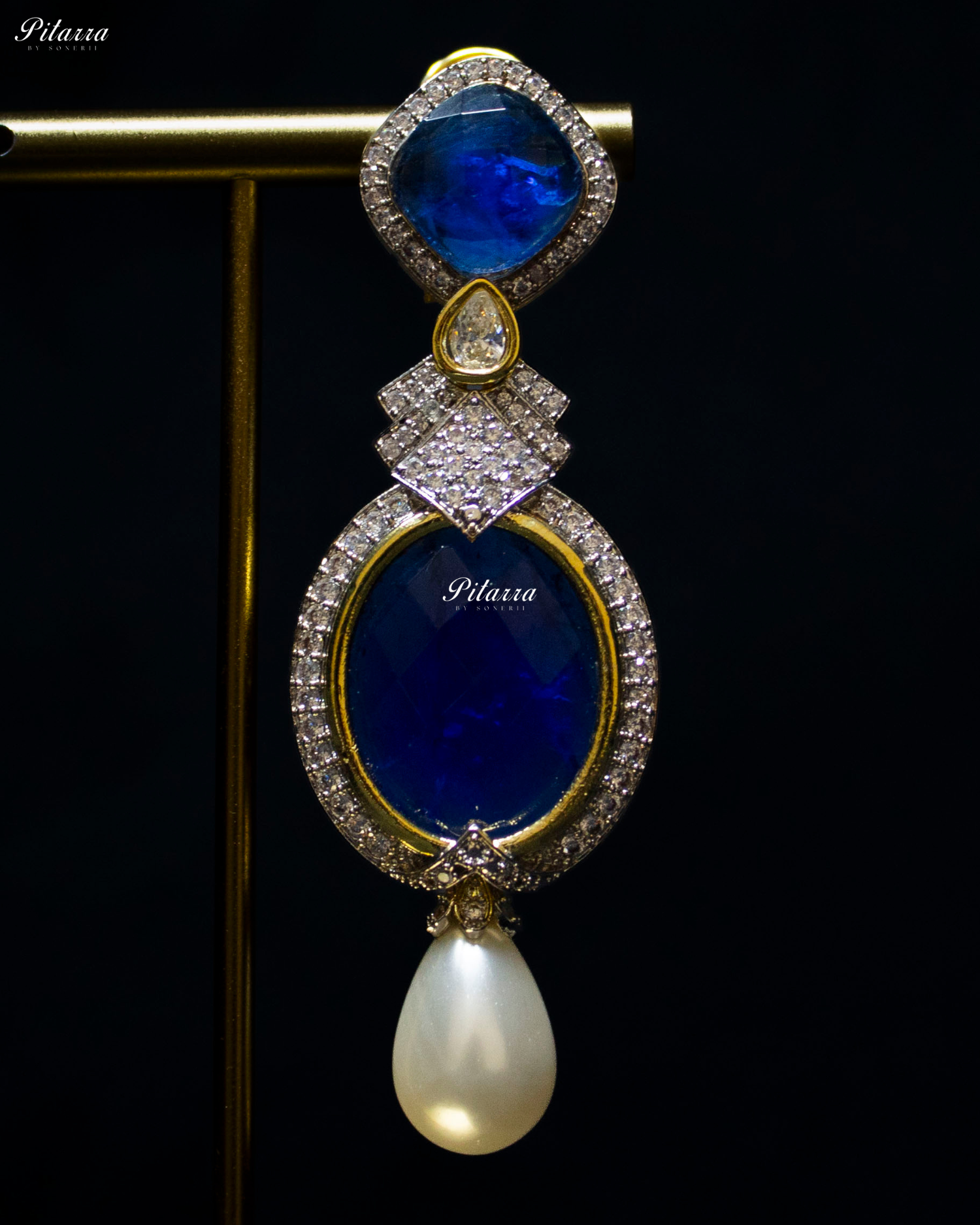 Blue Pearl Stone Silver CZ Dangler Earrings