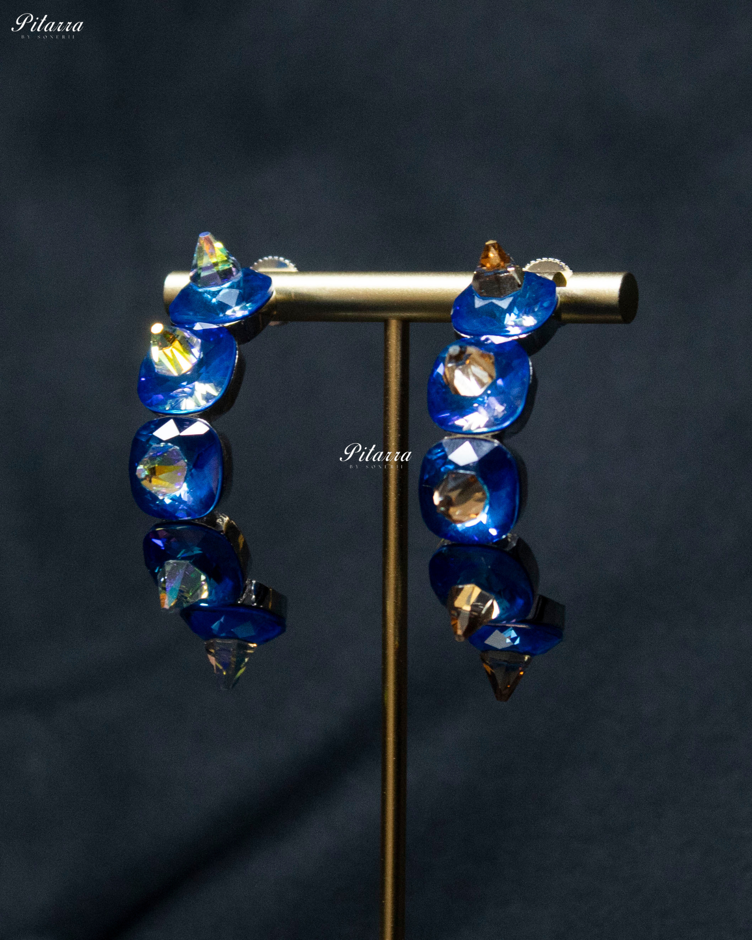 Blue Stone Pyramid Cut Crystal Hoop Earrings