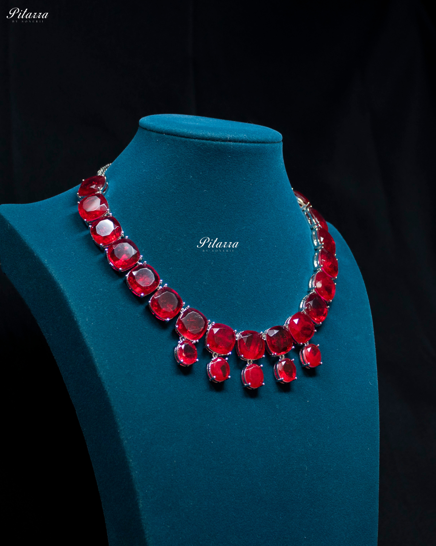 Ruby Square Stone Premium Crystal Necklace Set