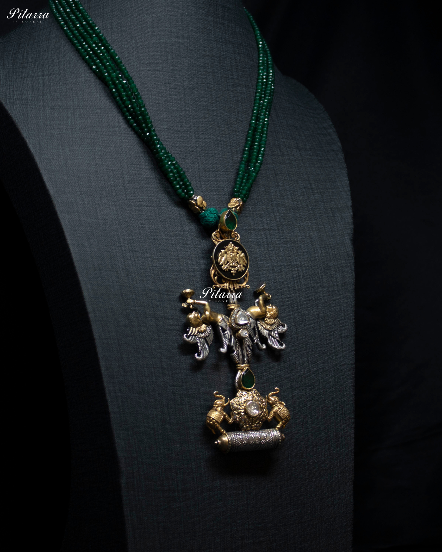 Cherub and Eelephant Figure Green Beads 92.5 Silver Necklace