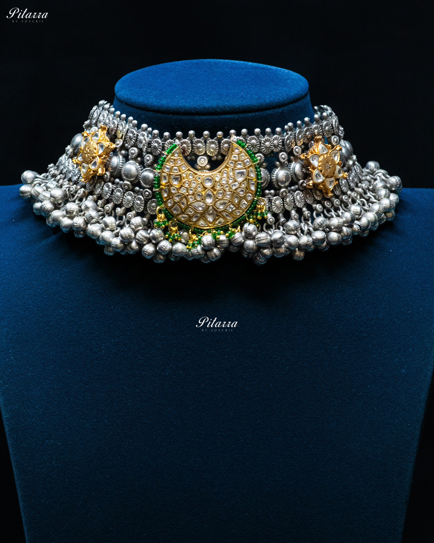Golden Flora Green Moon Ghunghroo Silver Look Alike Choker Set
