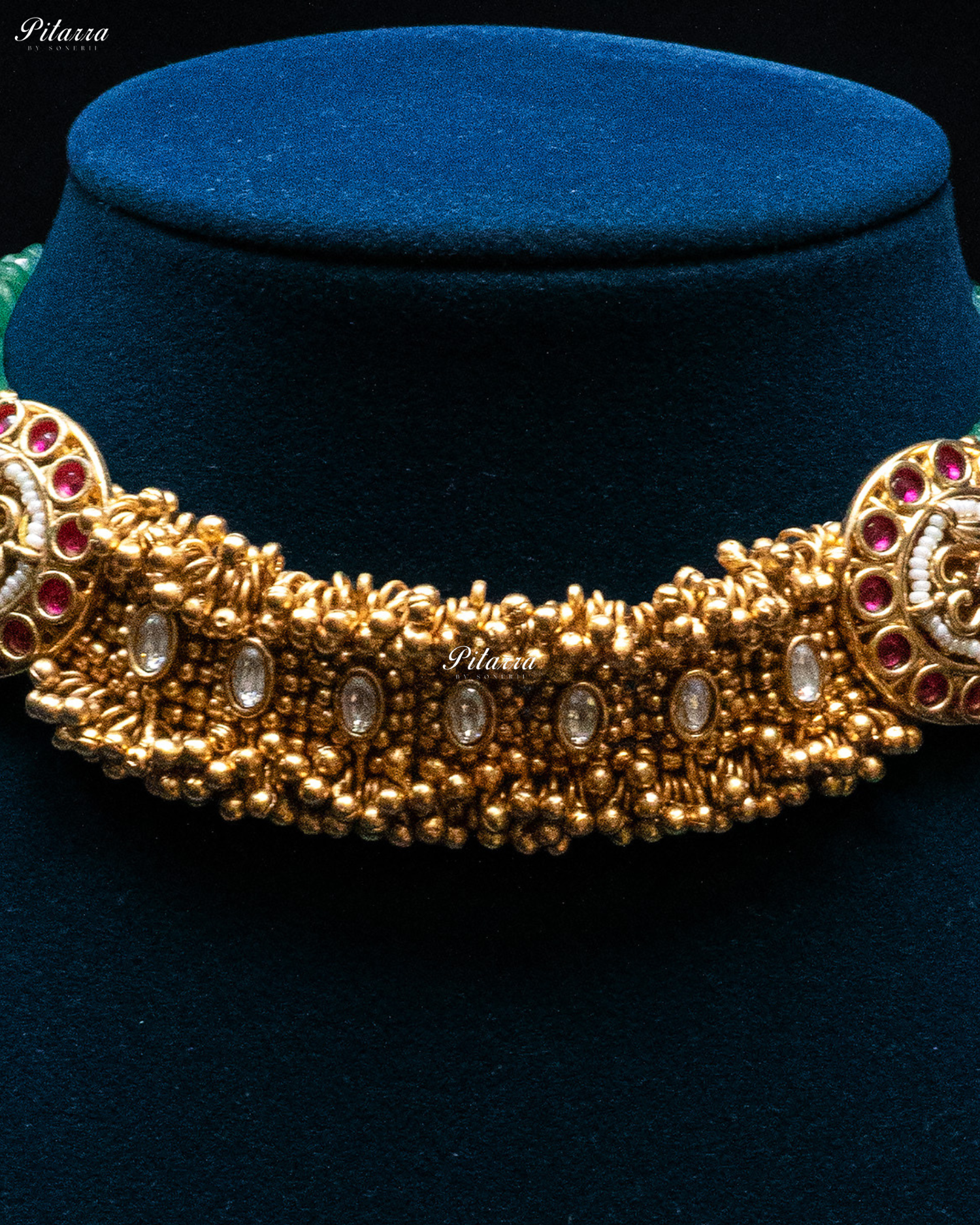 Pink Stone Green Beads Rajwadi Choker Set