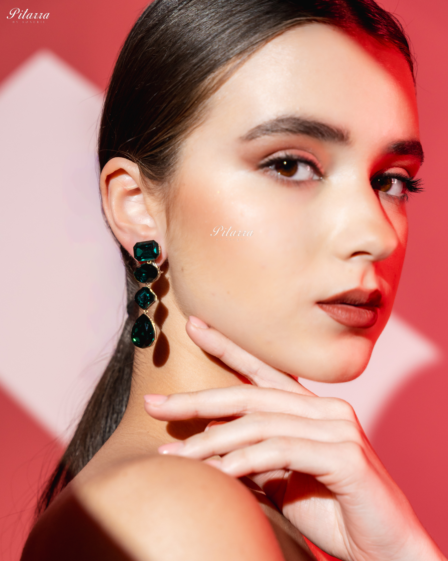 Emerald Stone Studded Geometric Crystal Drop Earrings