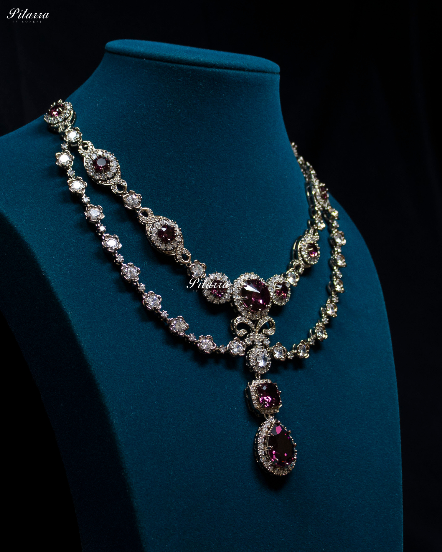 Amethyst Two Layer Antique Silver finish CZ Rhodium polish Necklace Set