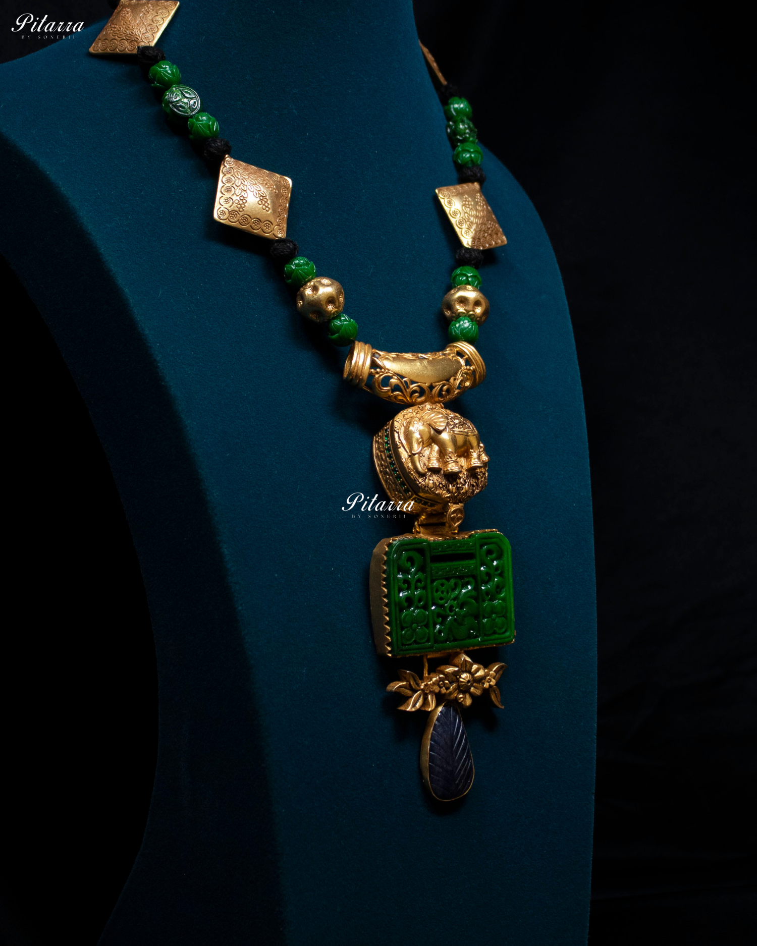 Elephant Motif Green Beads 92.5 Silver Necklace