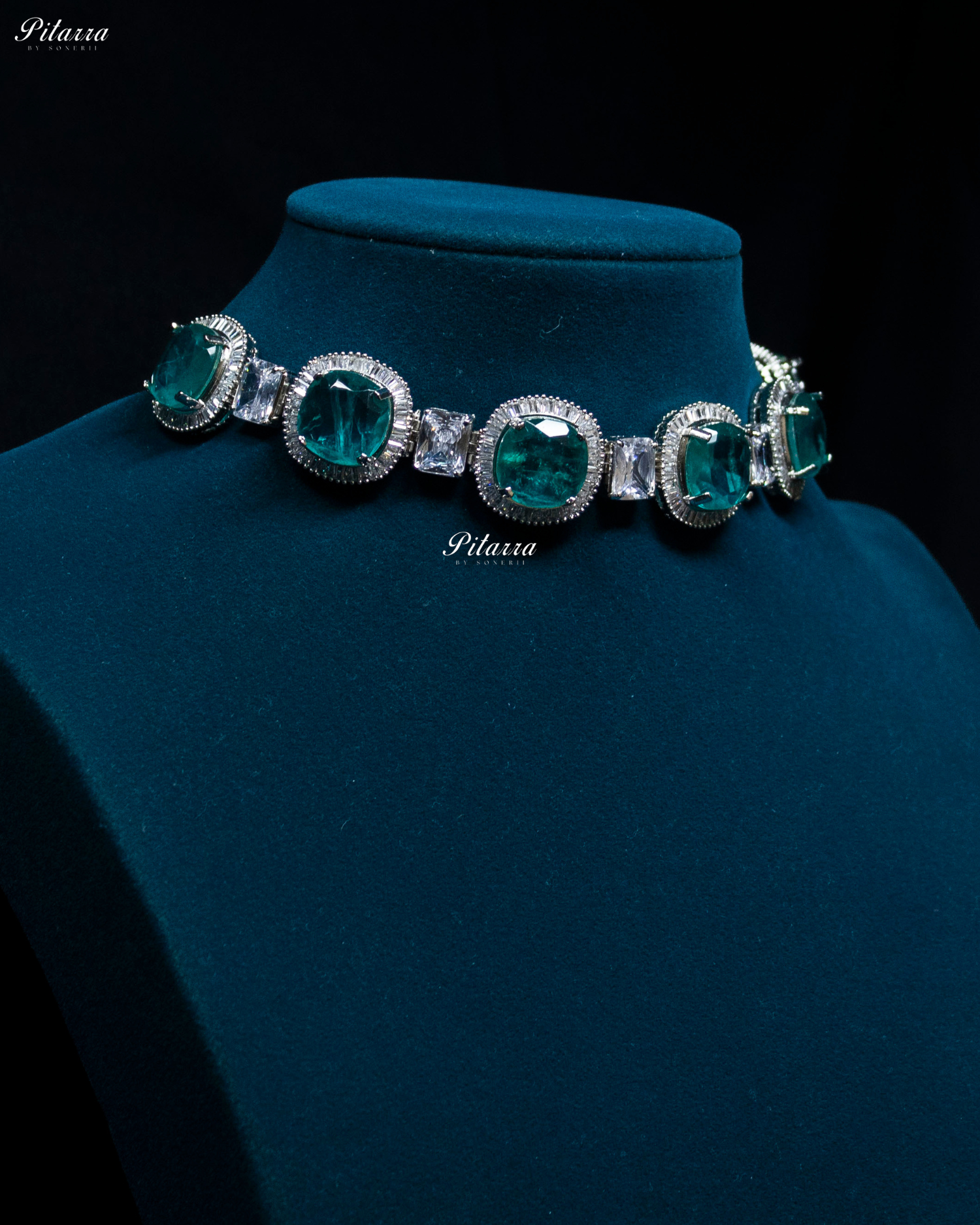 Aqua Stone Silver CZ Choker Necklace Set