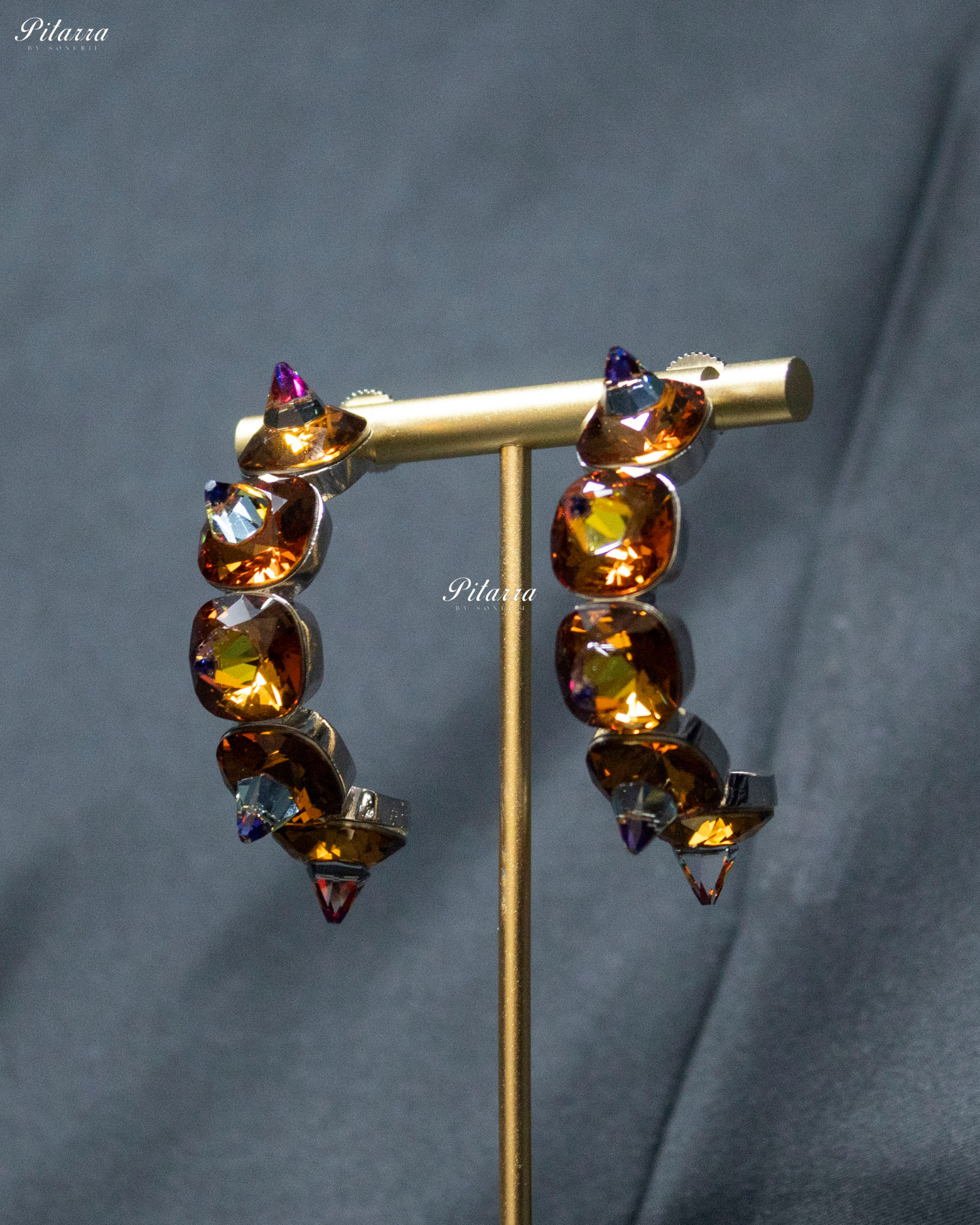 Gold Stone Pyramid Cut Crystal Hoop Earrings