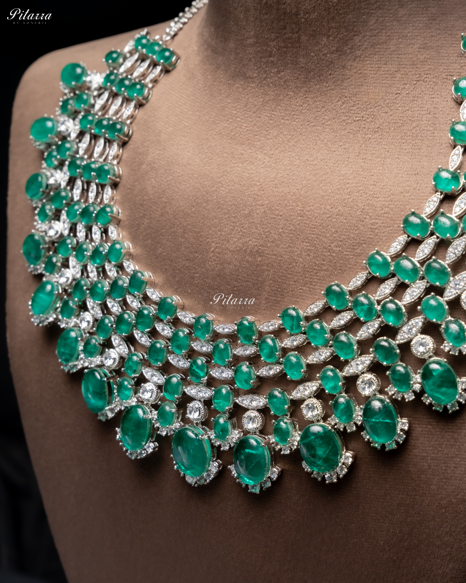 Emerald Stone Silver Multi Layer CZ Necklace Set