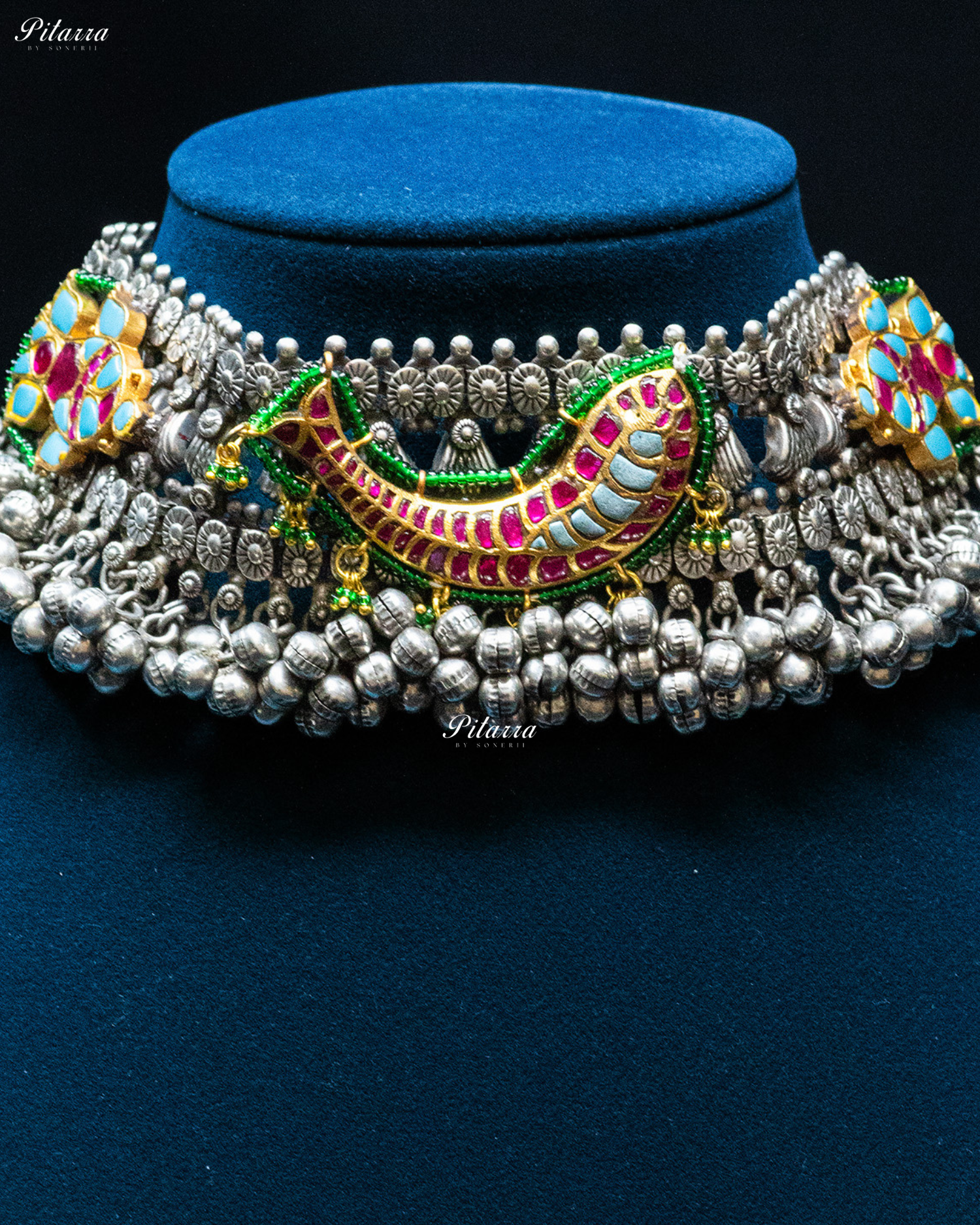Turquoise Pink Fish Ghunghroo Silver Look Alike Choker Set
