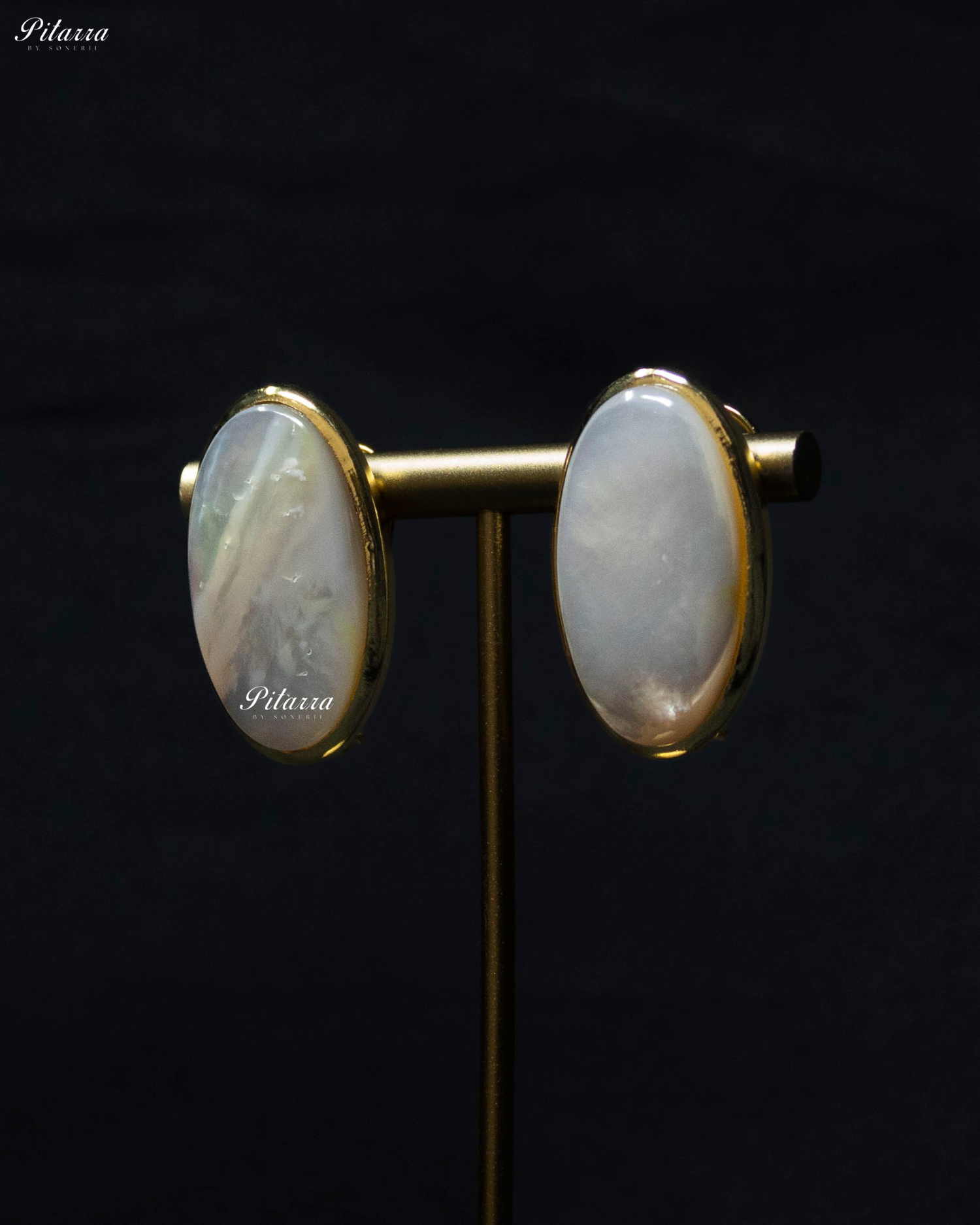 White Oval Shape Gold Tone Stud Earrings