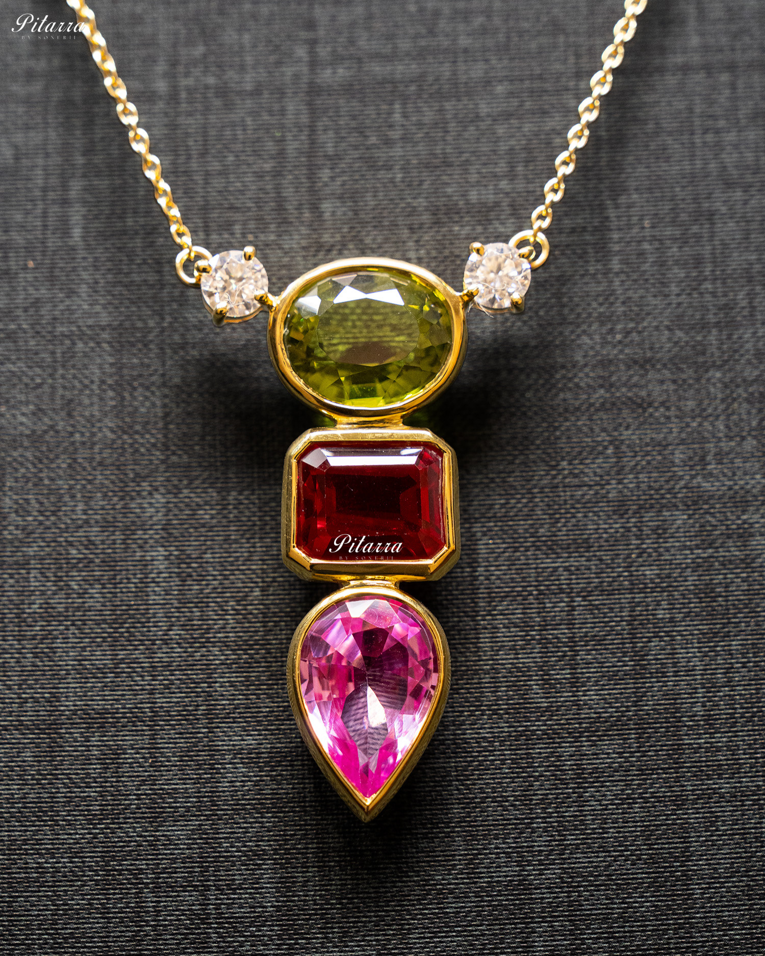 Gold Chain Round Green Top Stone Pink Drop Pendent Set