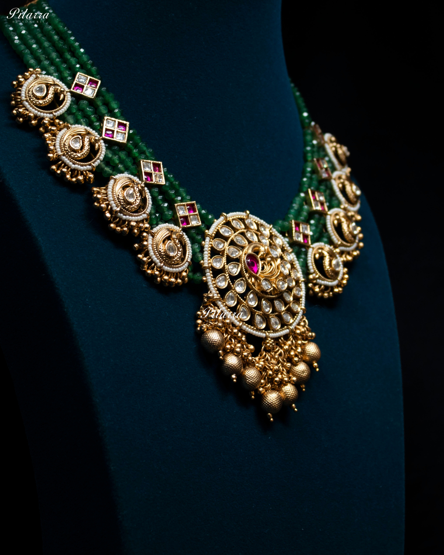 Bird Motif Pendant Dark Green Beads Kundan Necklace Set