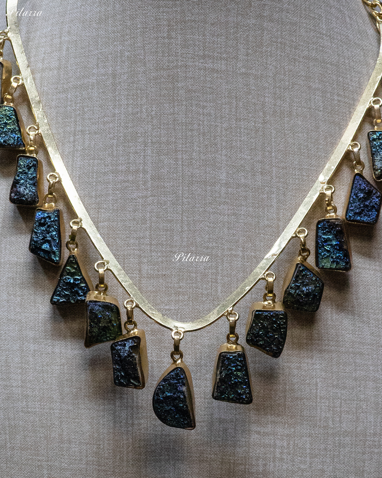 Gold Finish Navy Blue Raw Stone Statement Necklace